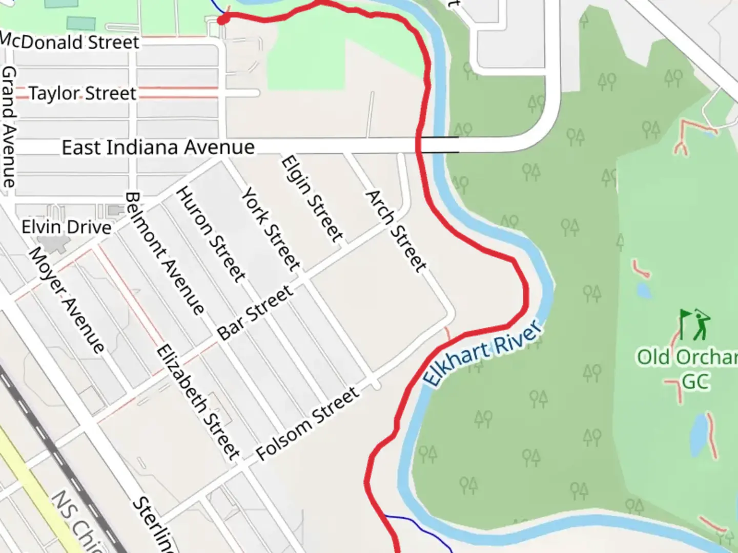 An image depicting the trail Elkhart River Greenway and its surrounding area.