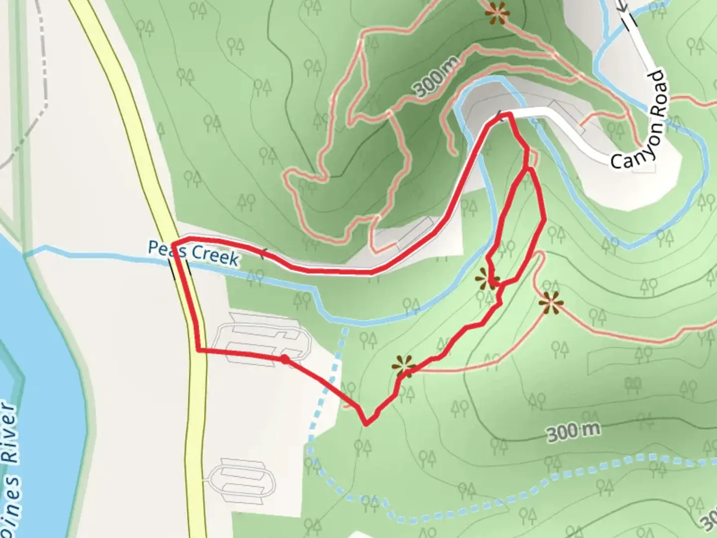 An image depicting the trail Peas Creek Loop and its surrounding area.