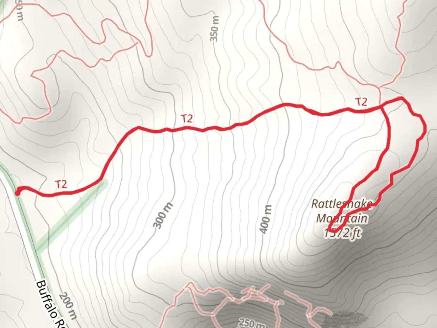 An image depicting the trail Rattlesnake Mountain Trail Loop - Buffalo Road and its surrounding area.