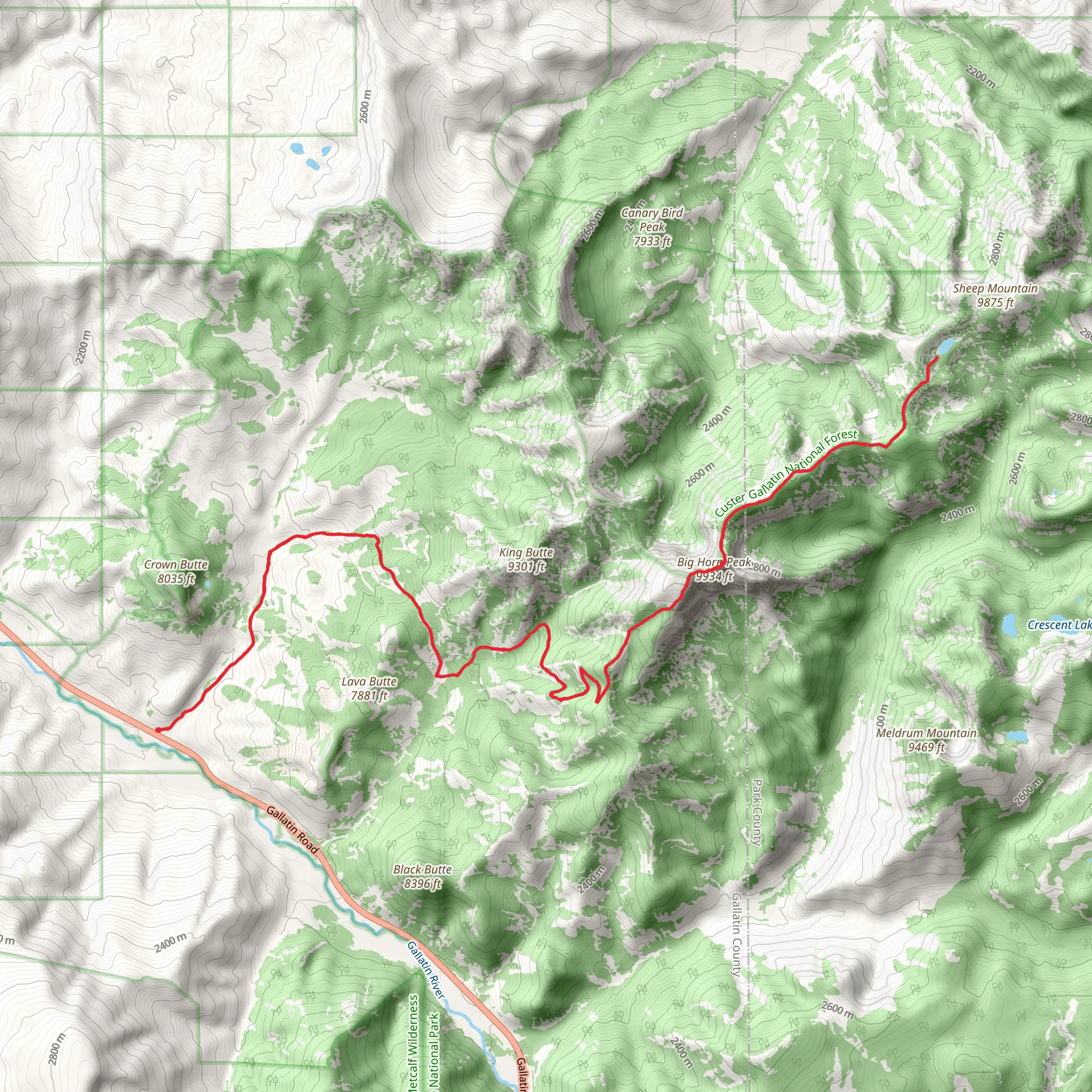 Shelf Lake and Big Horn Peak via Daly Creek Trail mobile static map