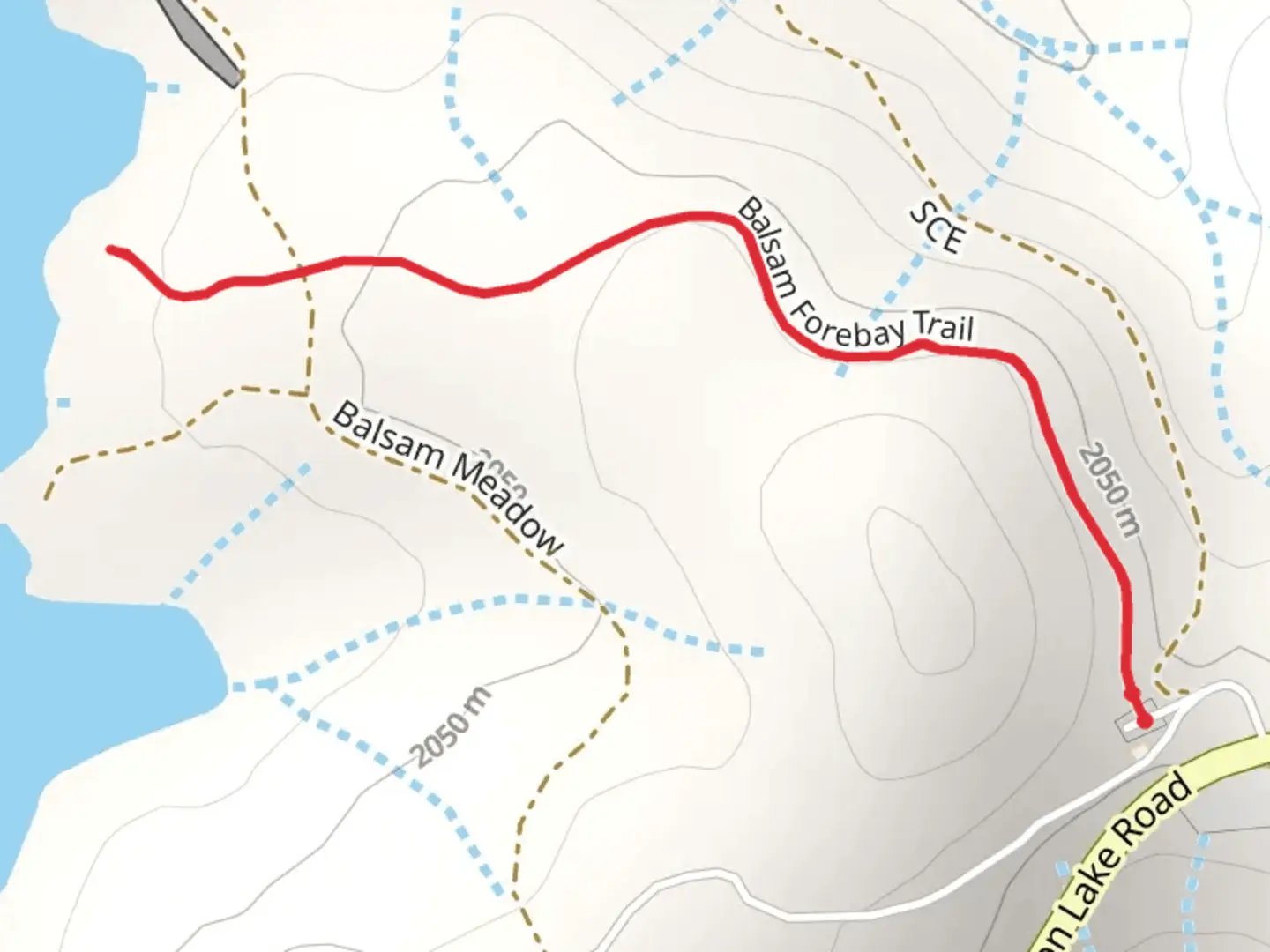 An image depicting the trail Balsam Forebay and its surrounding area.