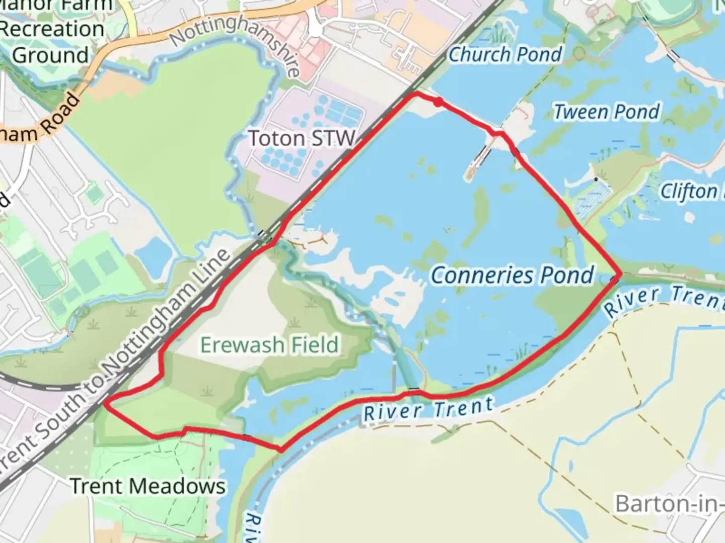 An image depicting the trail Conneries Pond via Trent Valley Way and its surrounding area.