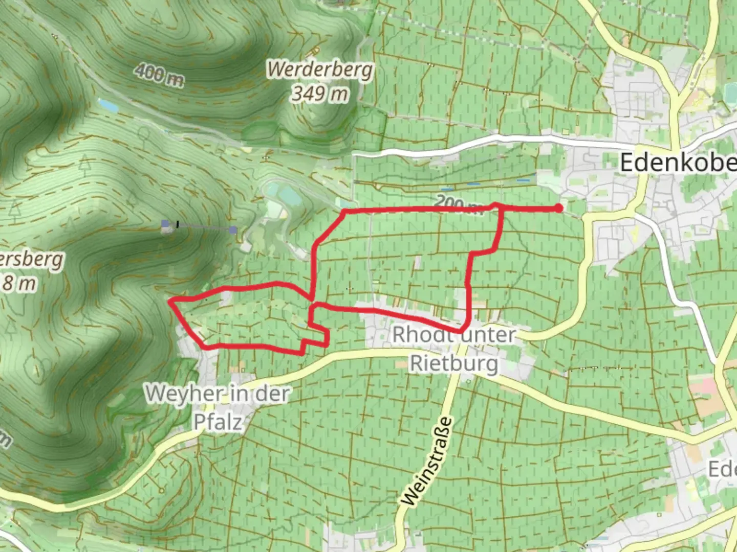 An image depicting the trail Pfaelzer Mandelpfad and Pfaelzerwald Roter Punkt and its surrounding area.