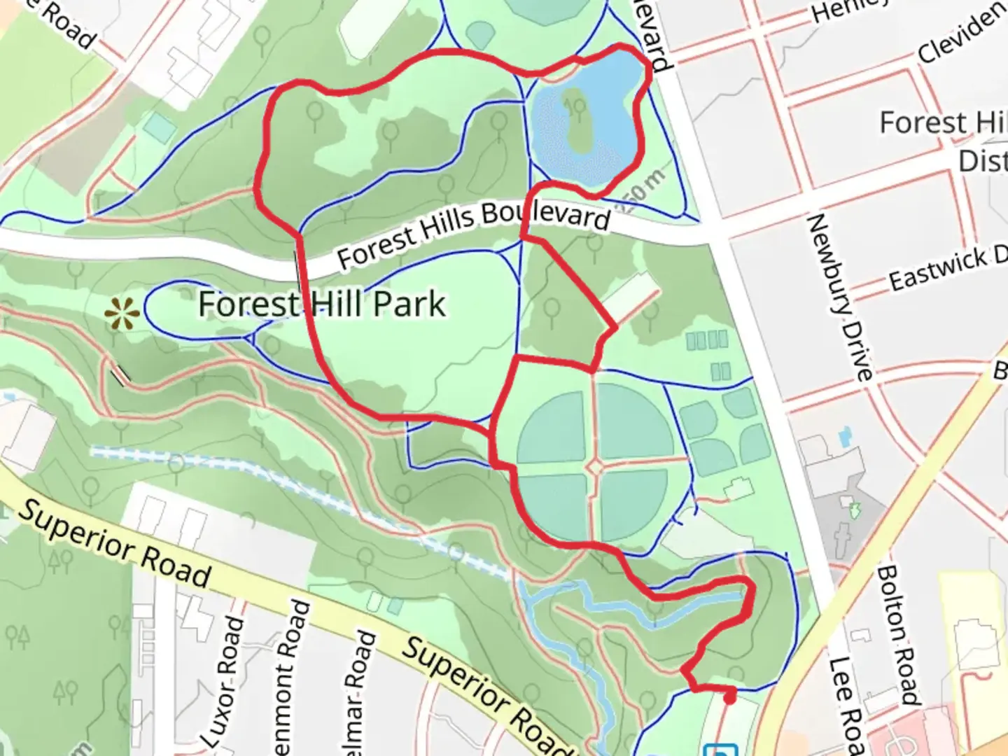 An image depicting the trail Forest Hill Park Loop via Buckeye Trail and its surrounding area.