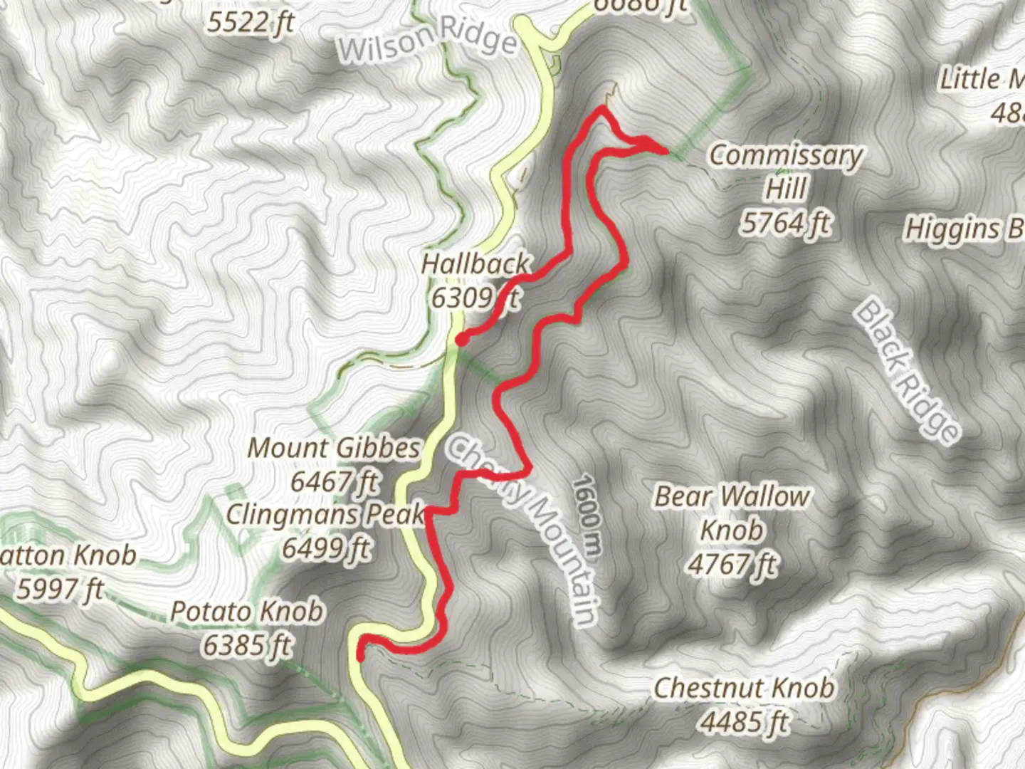 An image depicting the trail Commissary and Buncombe Range Loop Trail and its surrounding area.