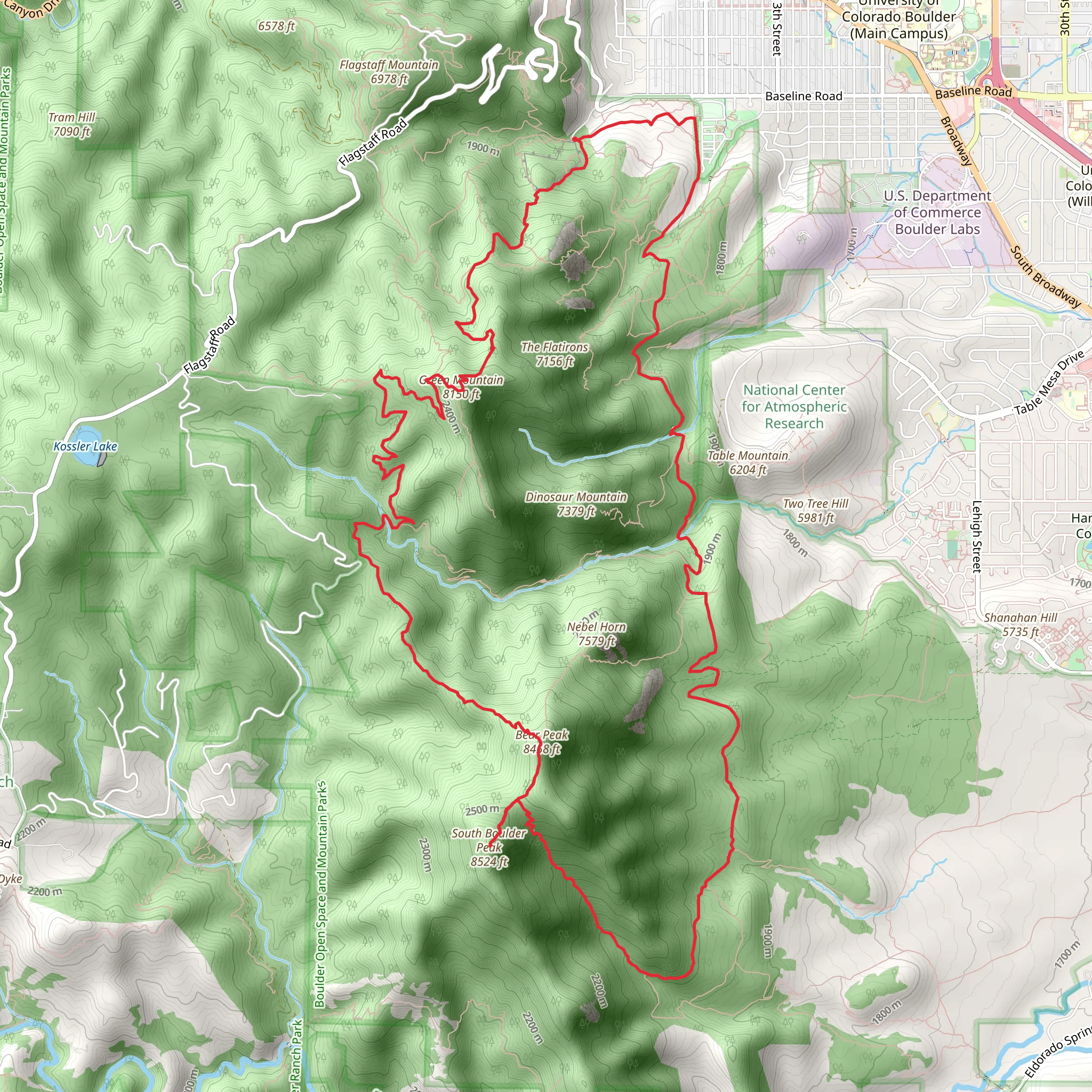 Amphitheater, Green Mountain, Bear Peak, South Boulder Peak and Bluebell Hiking Loop Trail mobile static map