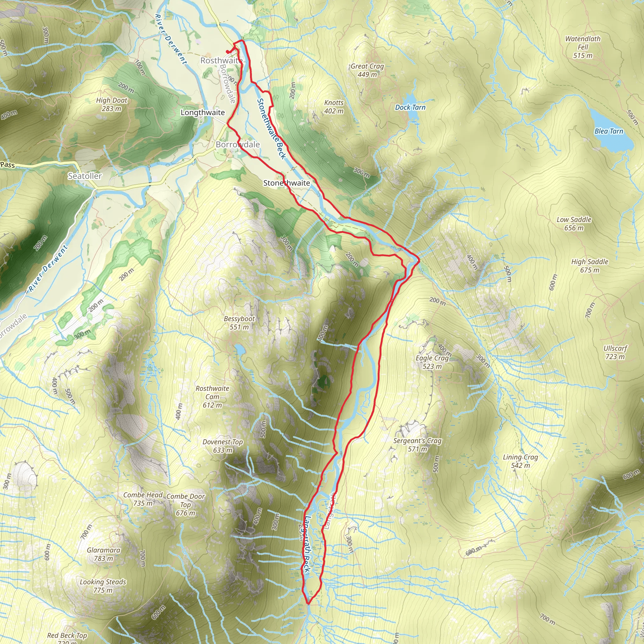 Rosthwaite to Black Moss Pot Loop via Langstrath Beck mobile static map
