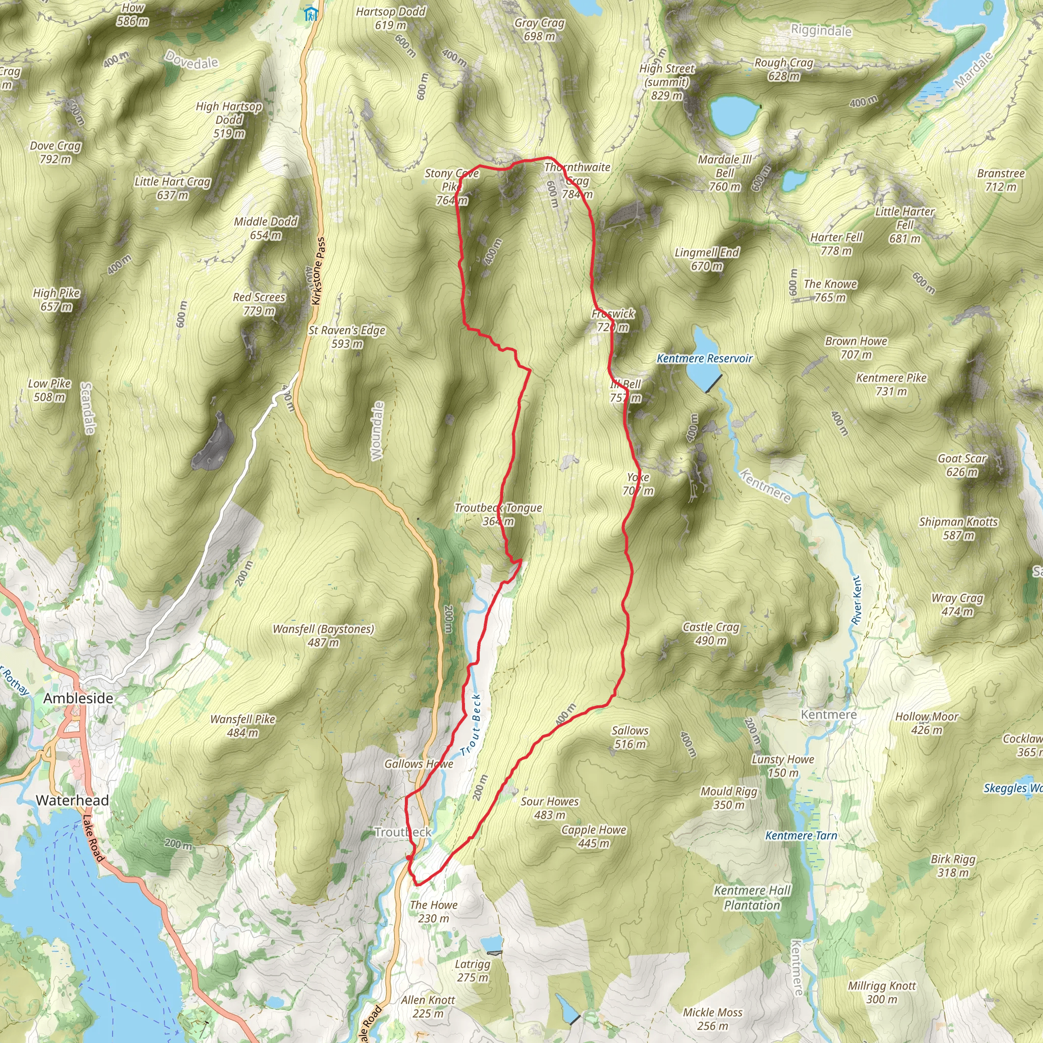 Troutbeck Tongue, Stony Cove Pike, Froswick and Ill Bell Loop mobile static map