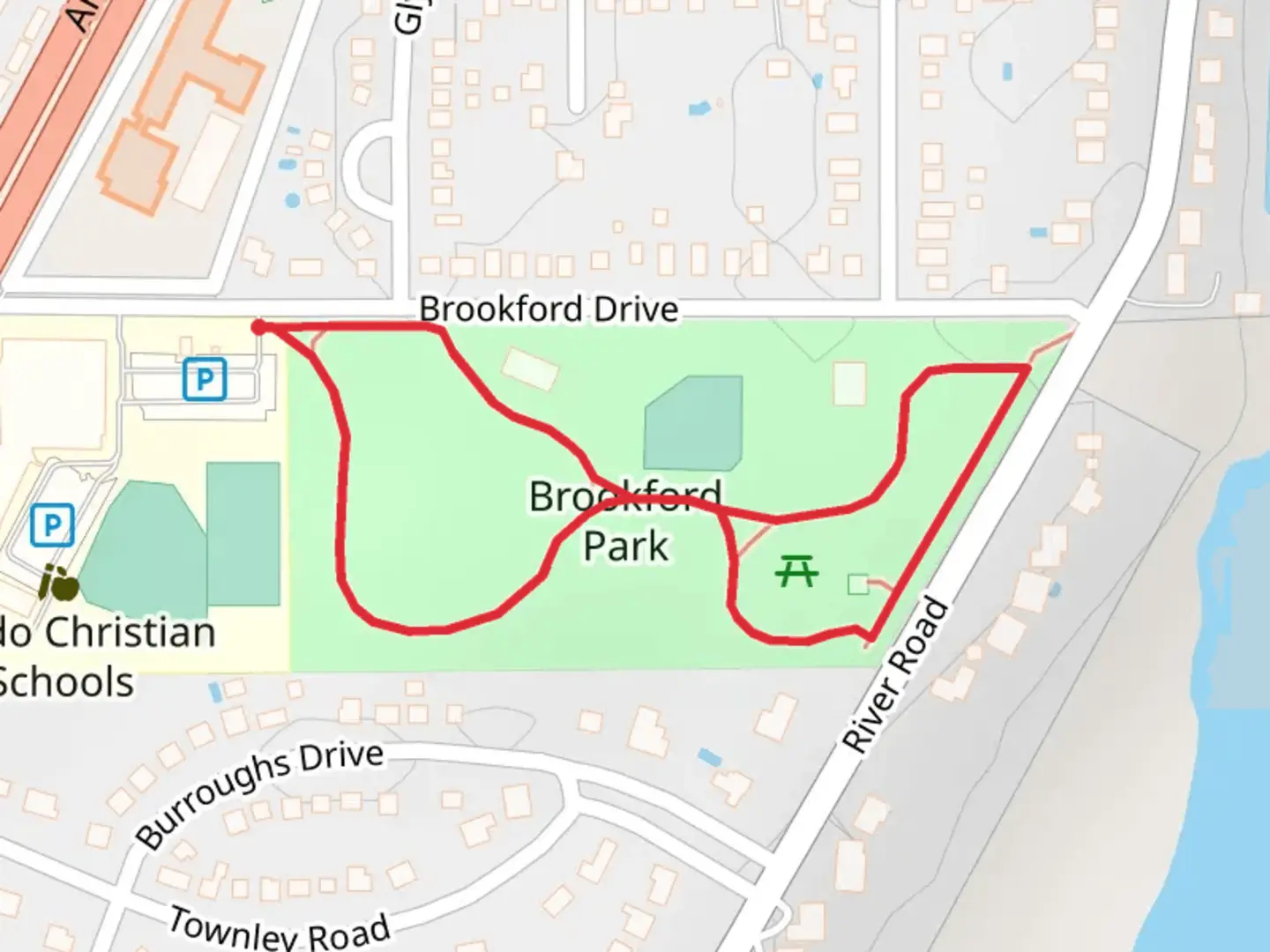 An image depicting the trail Brookford Park Loop and its surrounding area.
