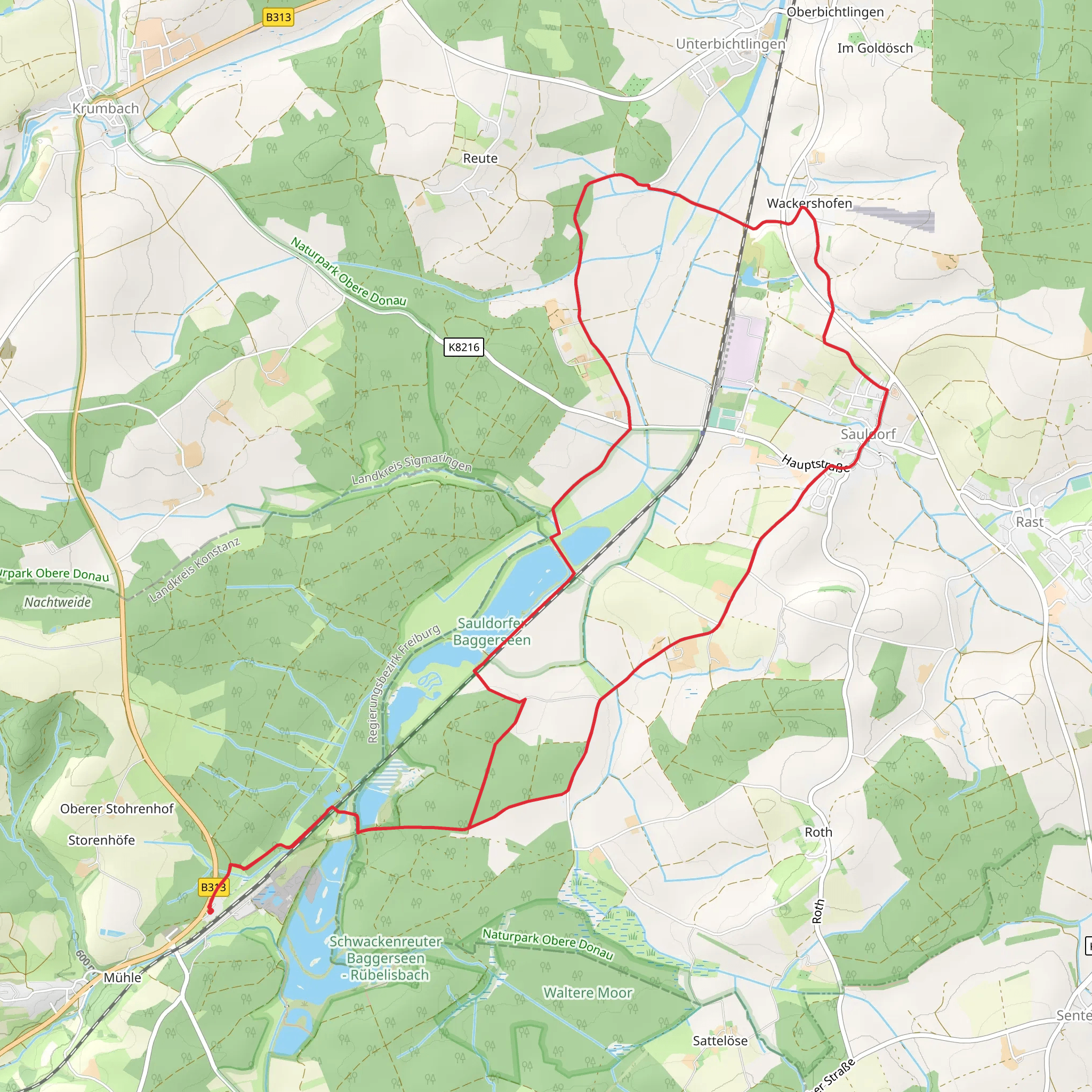 Schwackenreute and Sauldorf Loop via Sauldorfer Baggerseen mobile static map