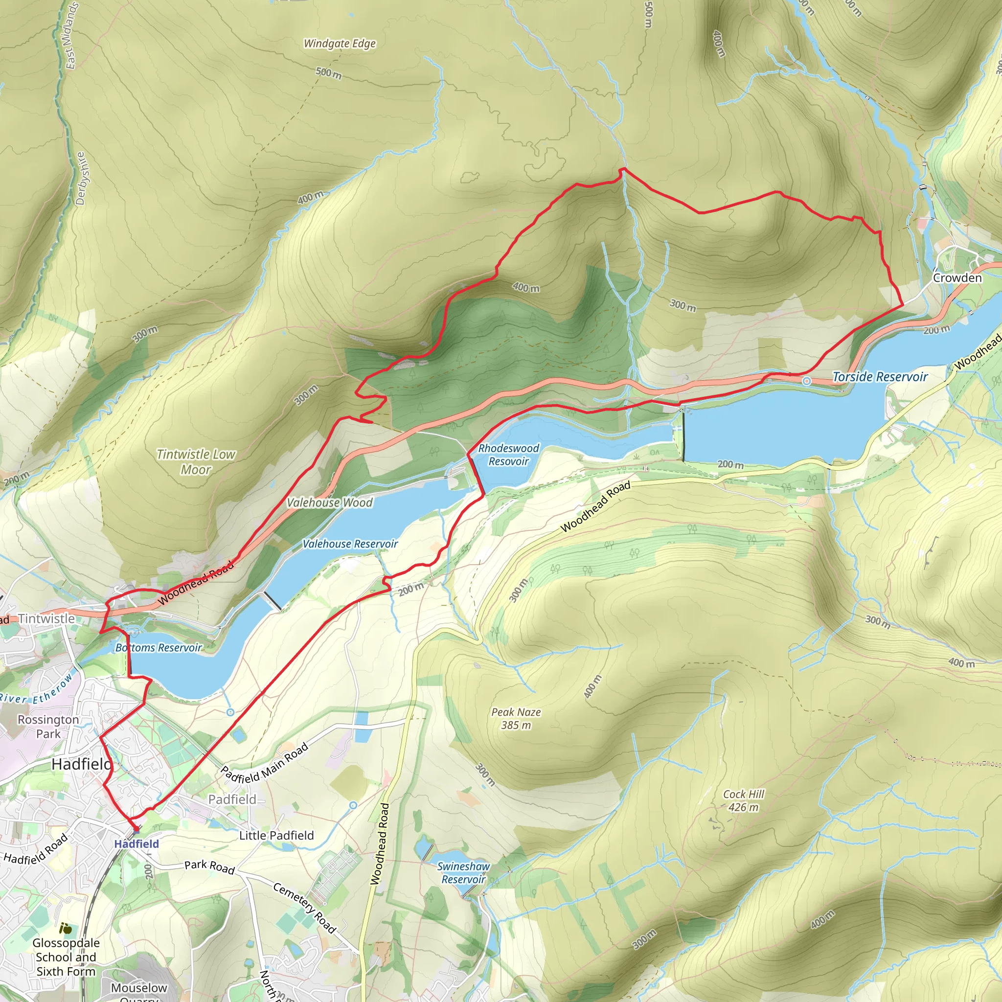 Hadfield to Crowden Loop via Valehouse and Rhodeswood Reservoir mobile static map