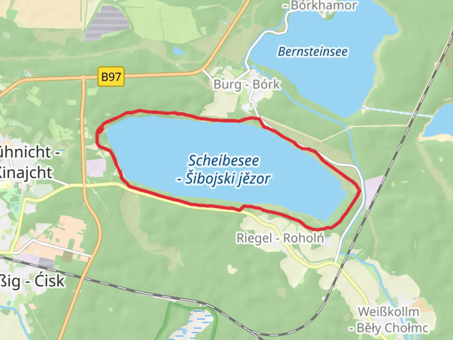 An image depicting the trail Scheibesee - Šibojski jězor Loop and its surrounding area.