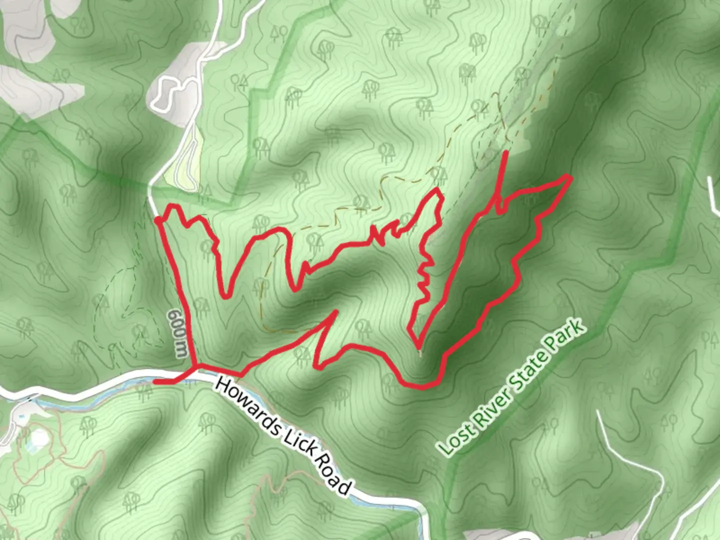 An image depicting the trail White Oak Trail, Miller's Rock Trail and Virginia View Loop Trail and its surrounding area.