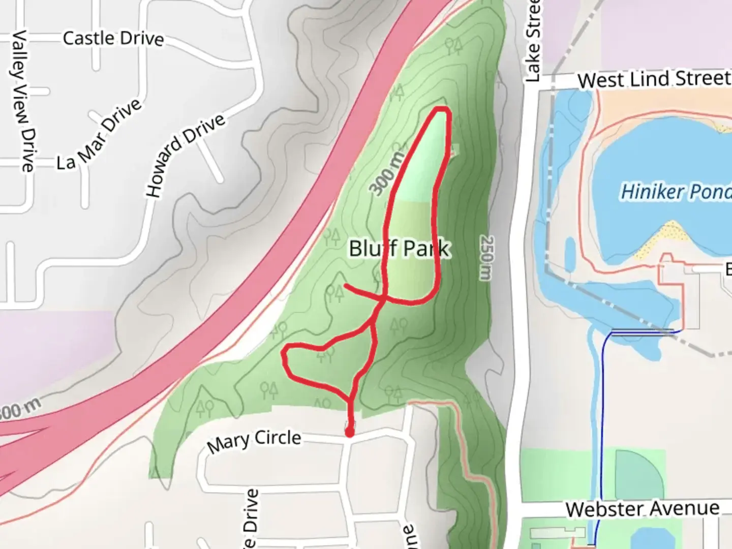 An image depicting the trail Bluff Park Loop and its surrounding area.
