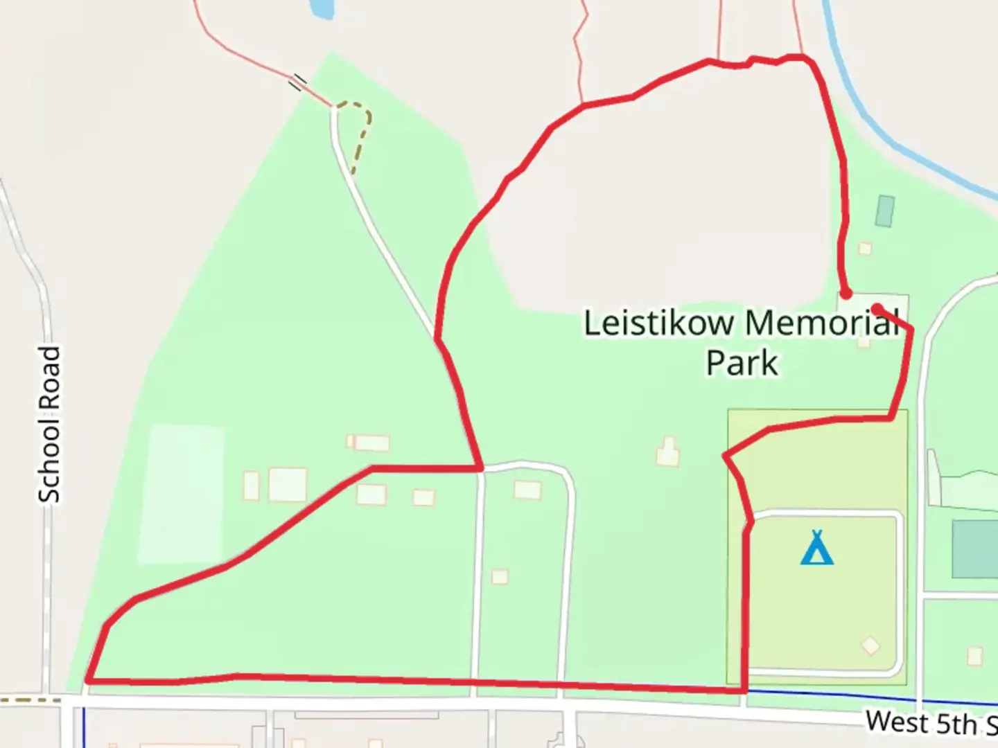 An image depicting the trail Leistikow Memorial Park Loop and its surrounding area.