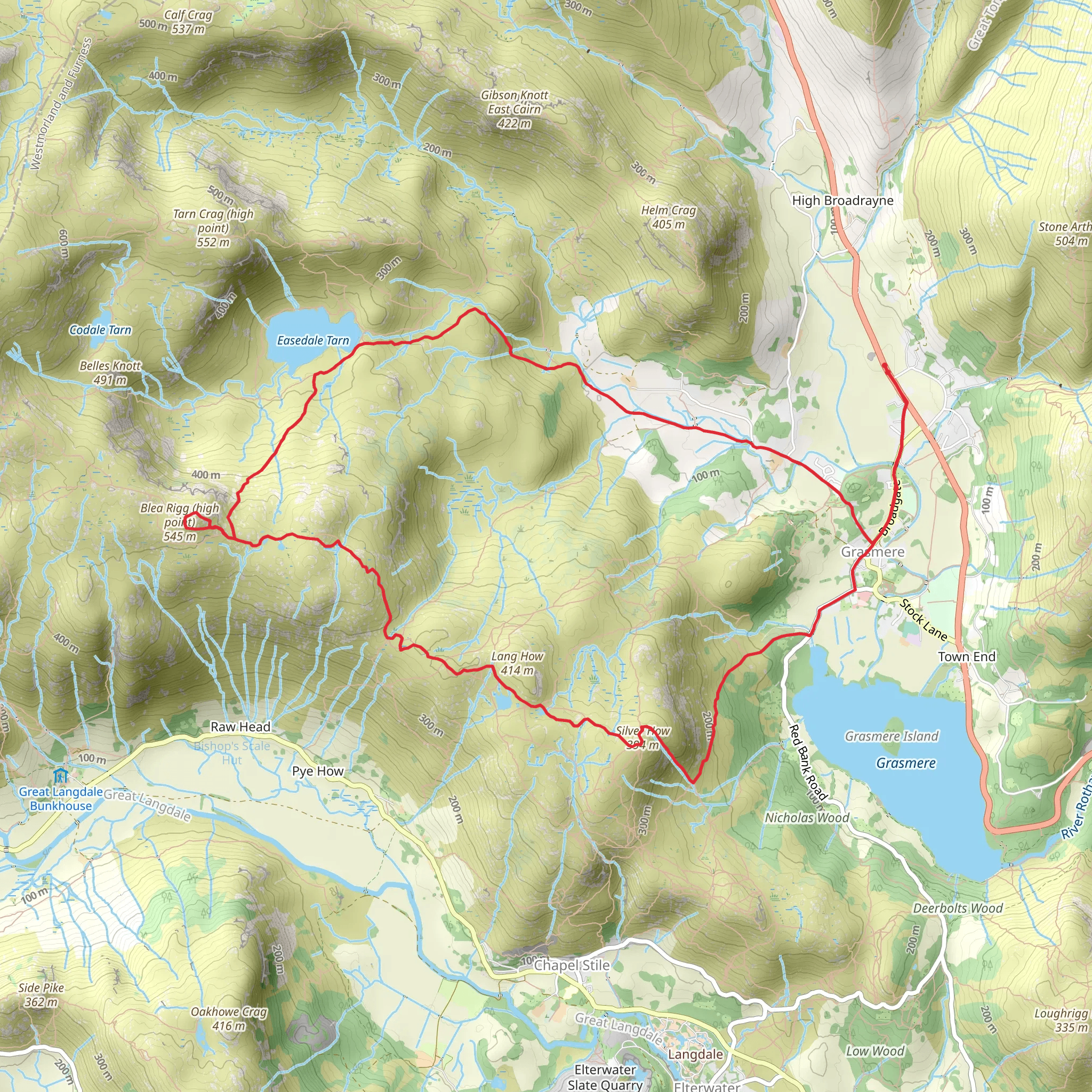 Easedale Tarn, Blea Rigg, Swinescar Pike and Silver How Loop - Grasmere mobile static map