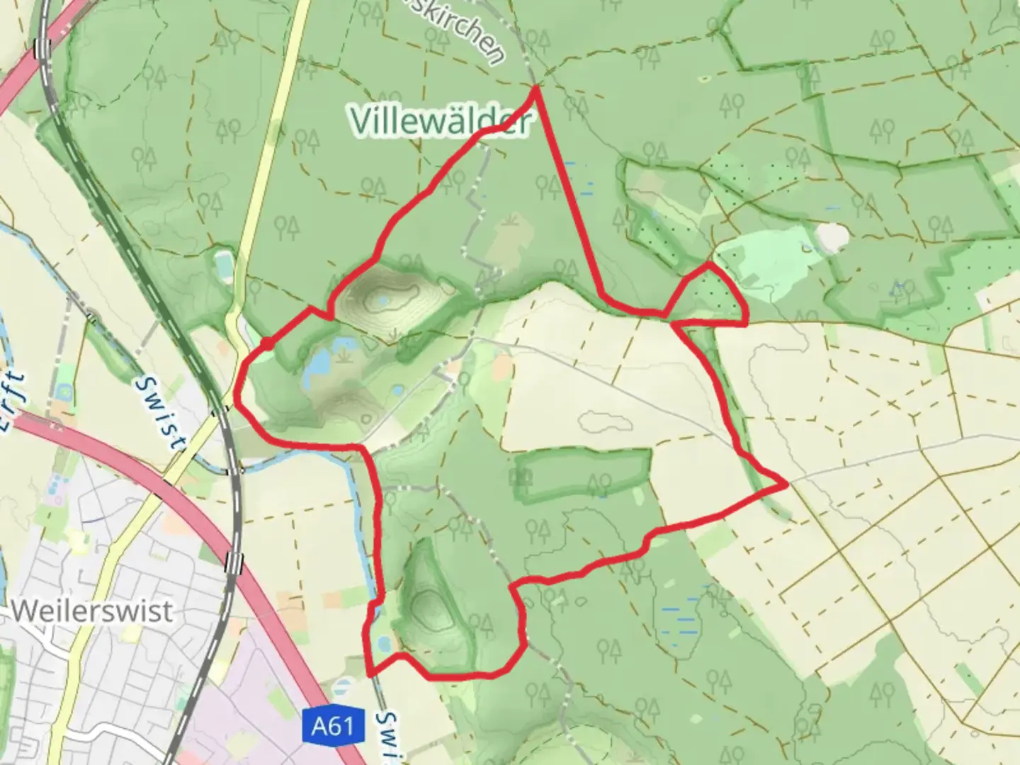 An image depicting the trail Villewaelder via Swister Pfad and its surrounding area.
