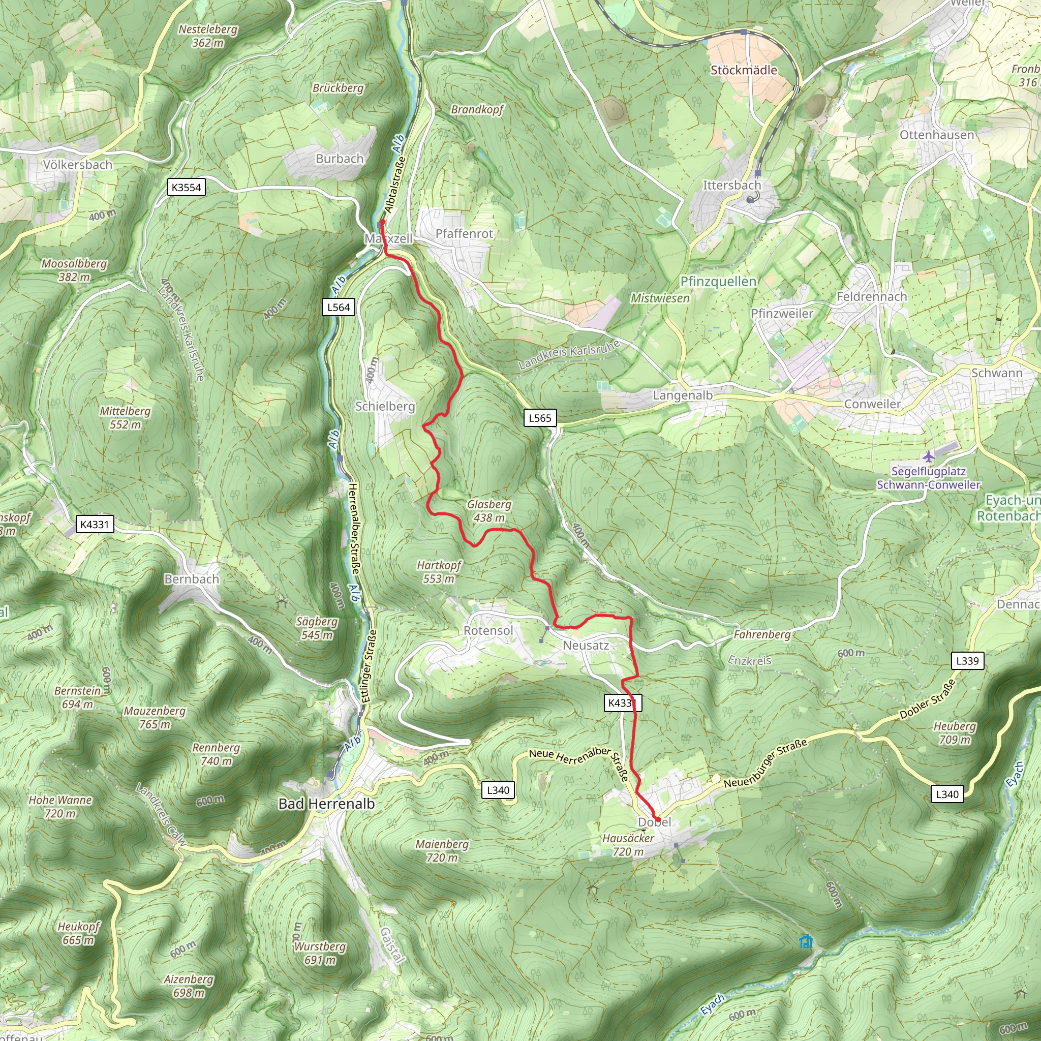 Marxzell to Dobel via Hoehenrundweg and Europarundweg mobile static map