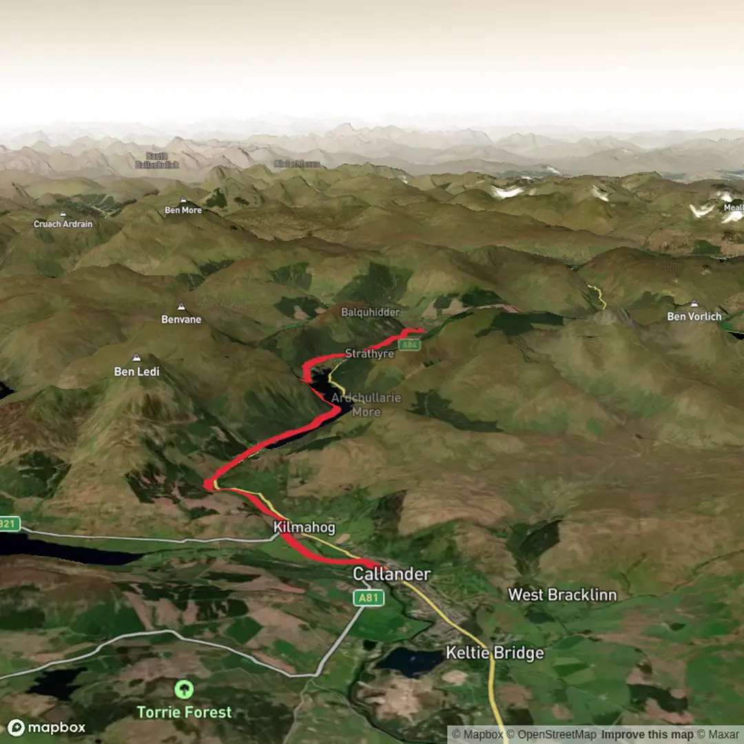 An image depicting the trail Callander to Balquidder along the Rob Roy way and its surrounding area.