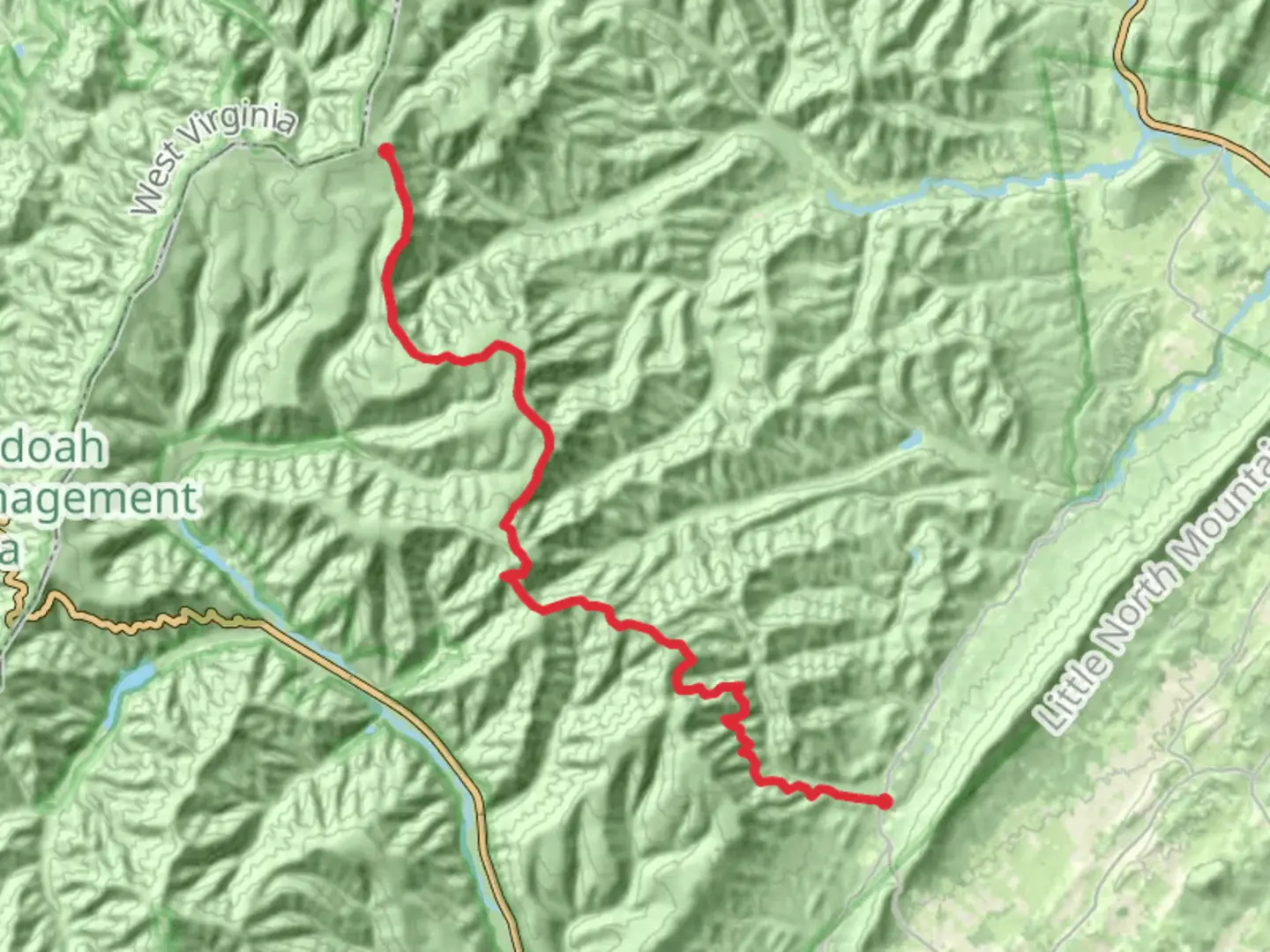 An image depicting the trail Bald Knob and long Run from Hopkins Gap road and its surrounding area.