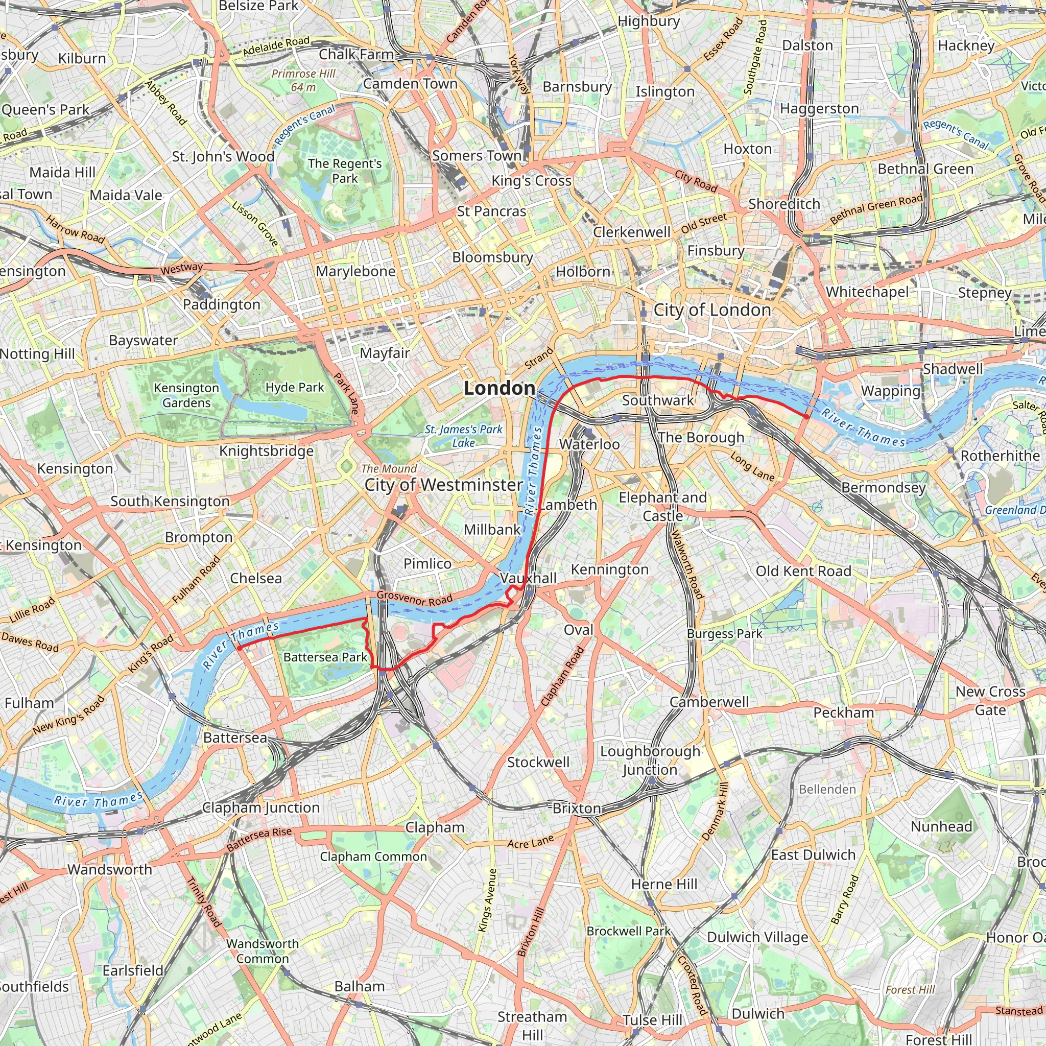 Albert Embankment Gardens via The Queen's Walk and Thames Path mobile static map