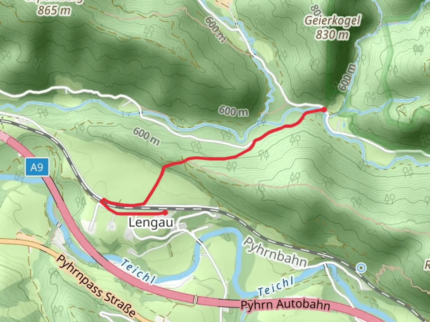 An image depicting the trail Schröckstein - Kleine Hühnersteige – Trainstation Pießling and its surrounding area.