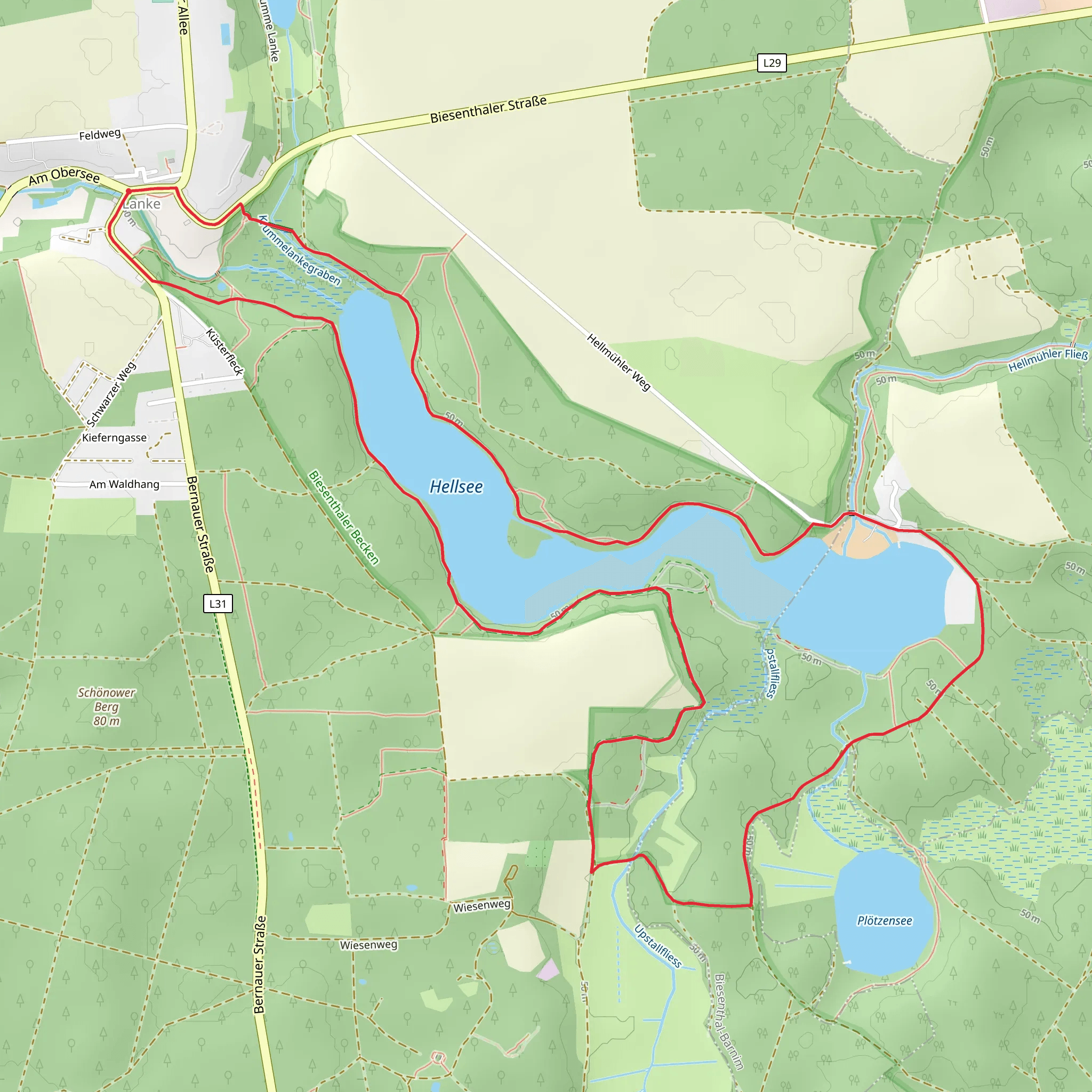 Hellsee Loop via Rund um Helsee Gruener punkt and 66 Seen Wanderweg mobile static map