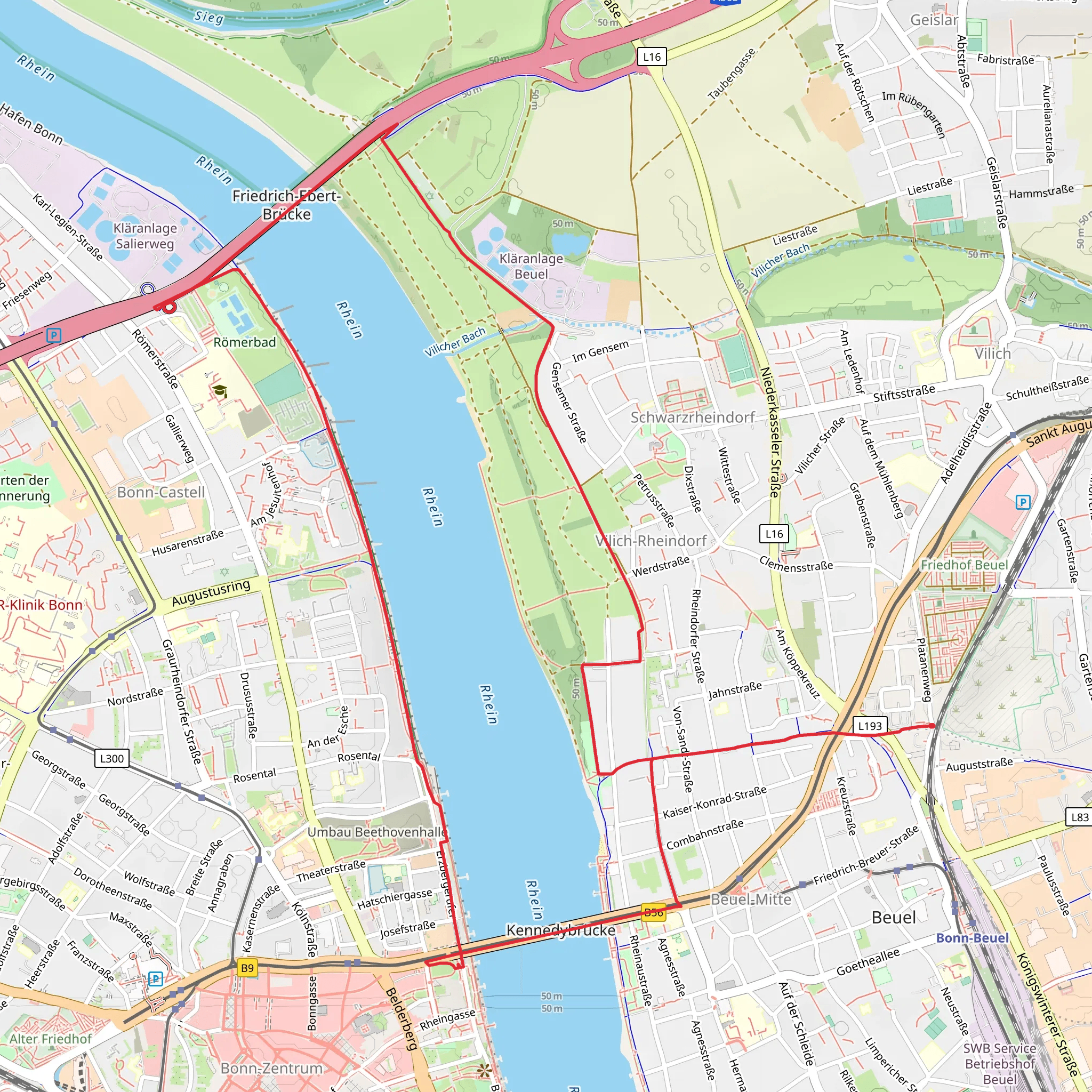 Kennedybrücke, Friedrich-Ebert-Brücke and River Rhein Loop from Beuel Bahnhof mobile static map