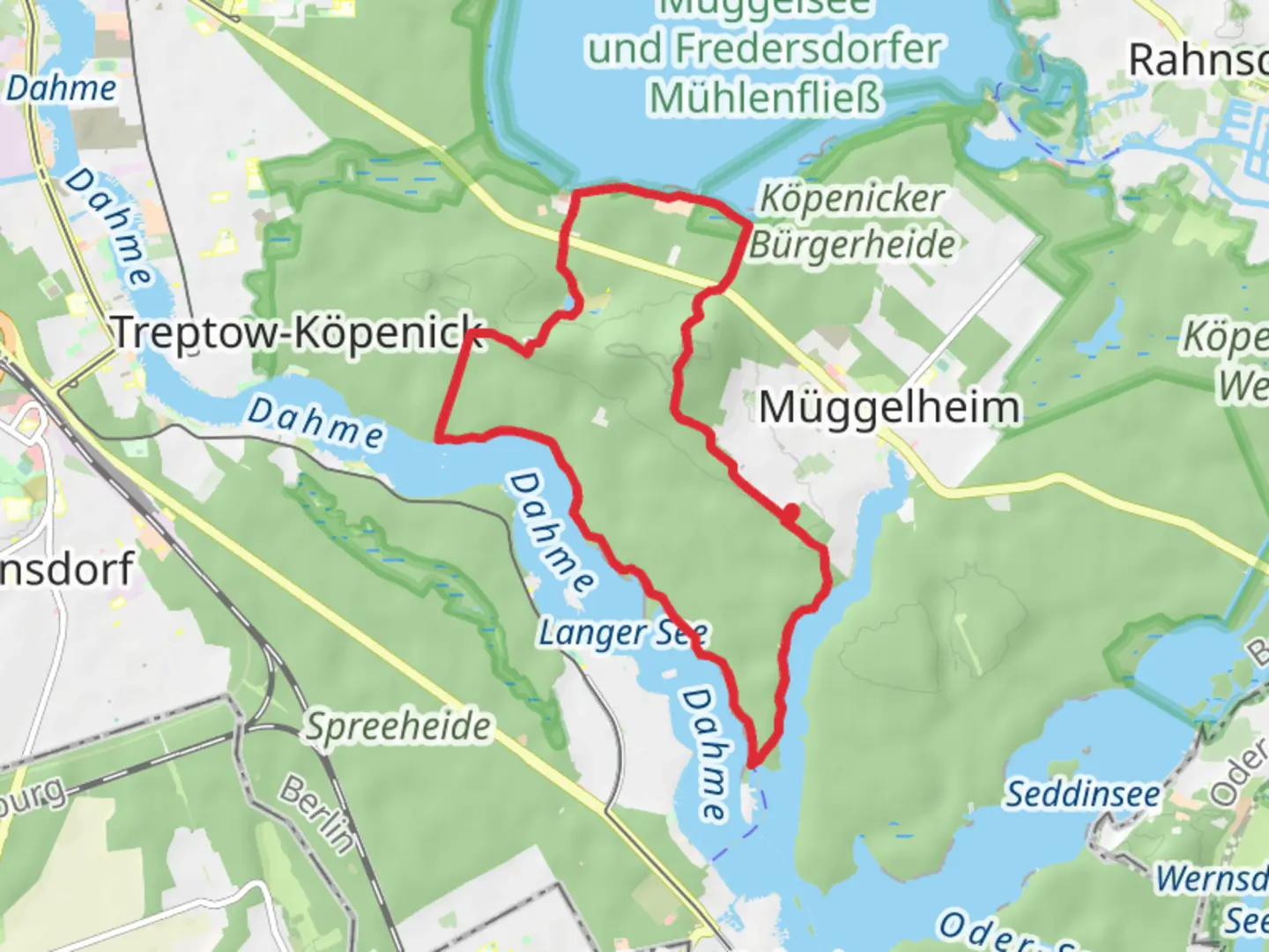 An image depicting the trail Müggelhort, Großer Müggelsee and Kleiner Müggelberg Loop via Grottewitz Wanderweg and its surrounding area.