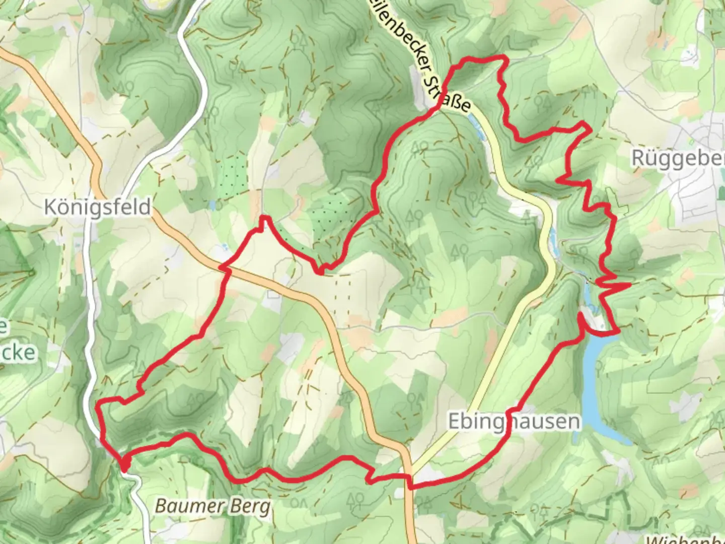 An image depicting the trail Heilenbeckestausee via Ennepetaler Rundweg and Uhlenbart and its surrounding area.