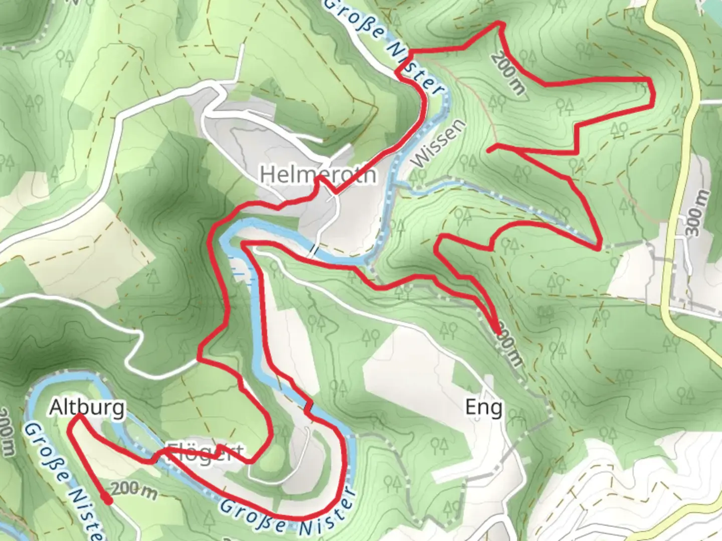 An image depicting the trail Grosser Nister via Westerwaldsteig Zustieg von Wissen and its surrounding area.