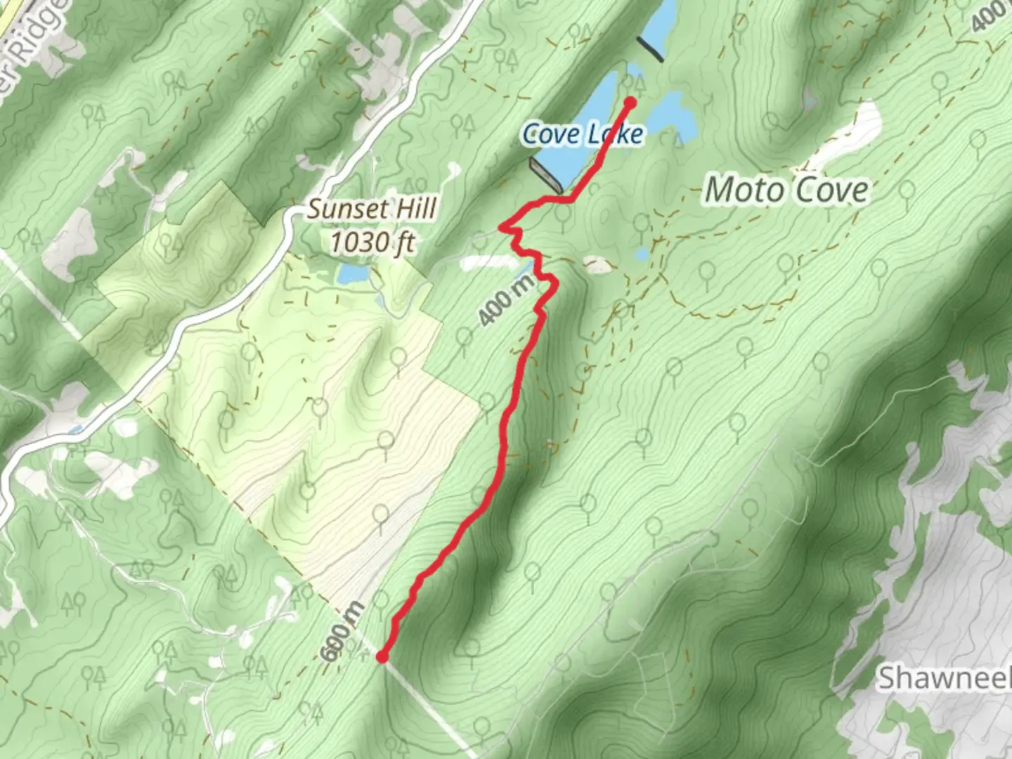 An image depicting the trail Cove Lake to Sundown Road and its surrounding area.
