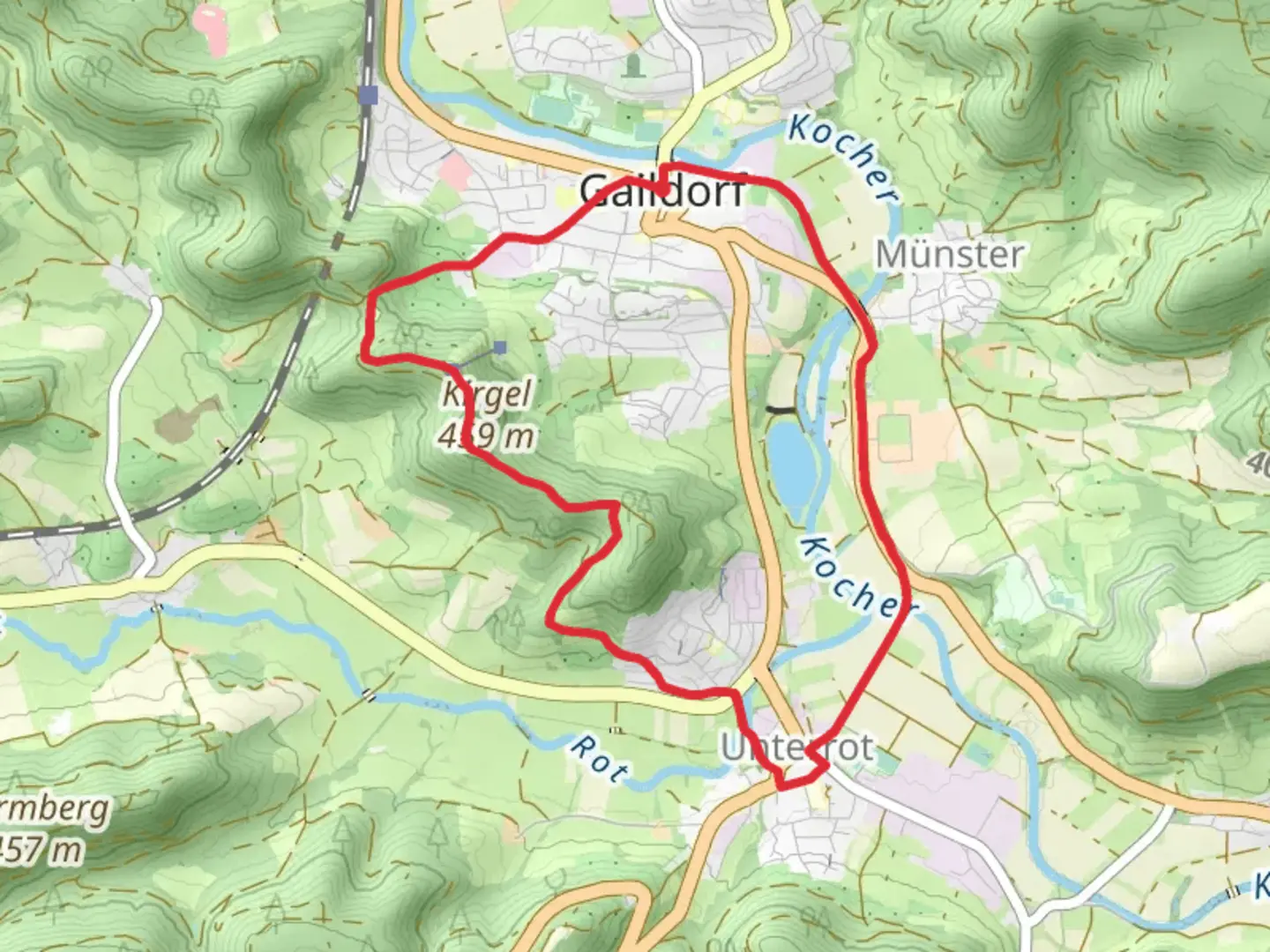An image depicting the trail Einsiedelweg Loop and its surrounding area.