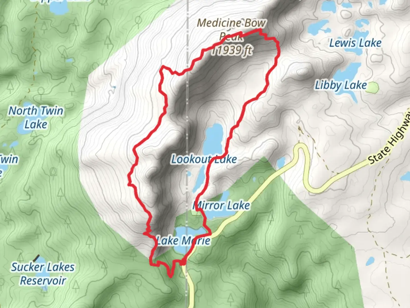 An image depicting the trail Lookout Lake and Medicine Bow Peak Trail and its surrounding area.
