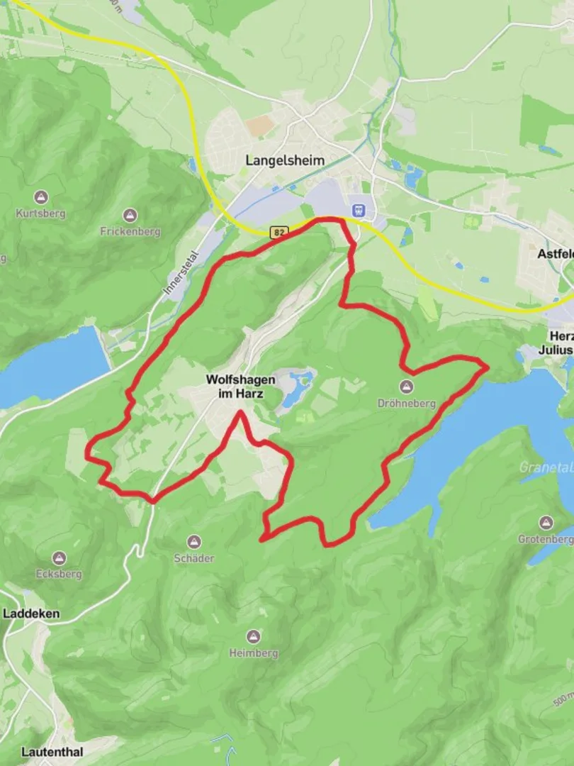 An image depicting the trail Langelsheim Loop via Wolfshagen and its surrounding area.