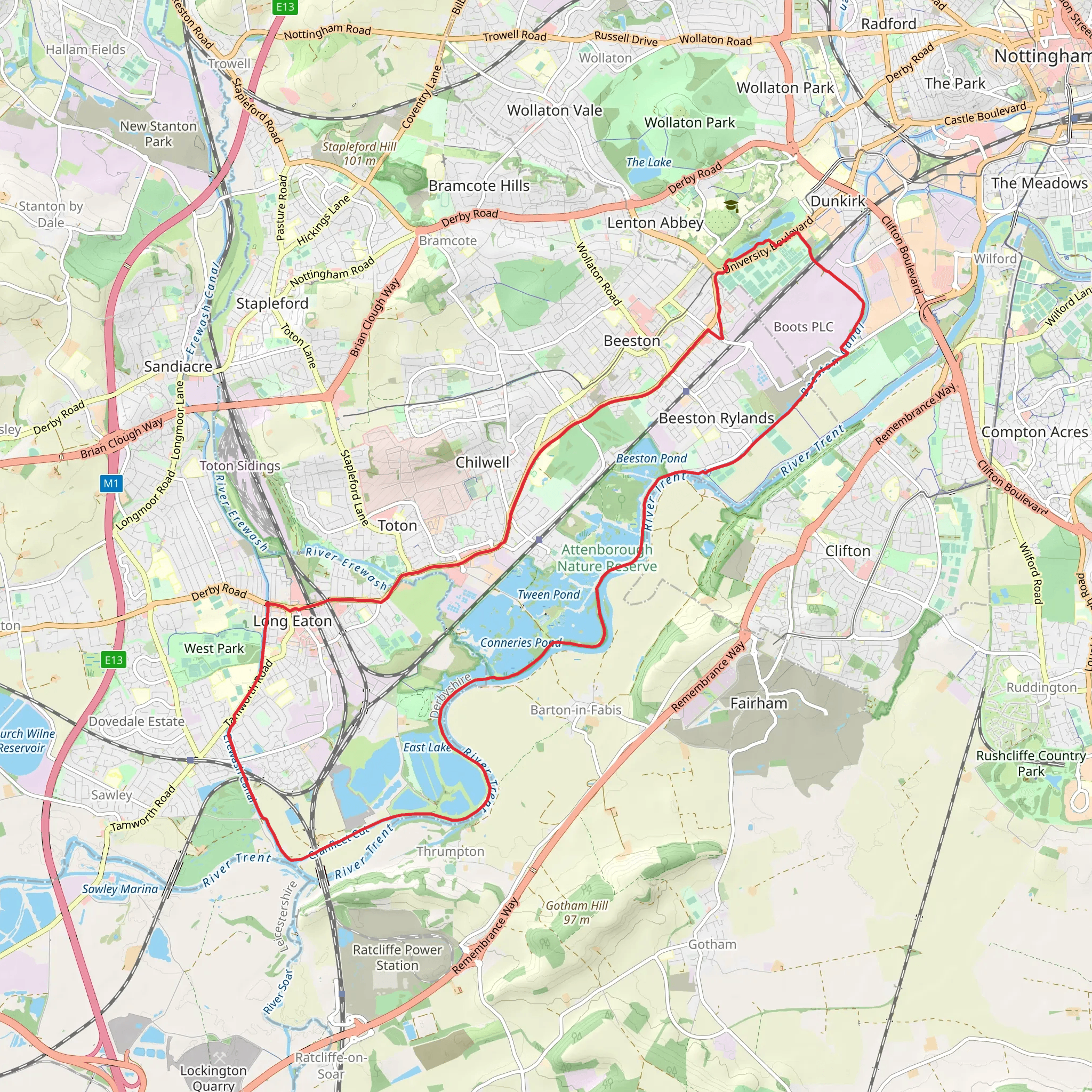 Long Eaton, Thrumpton and Attenborough Nature Reserve Loop mobile static map
