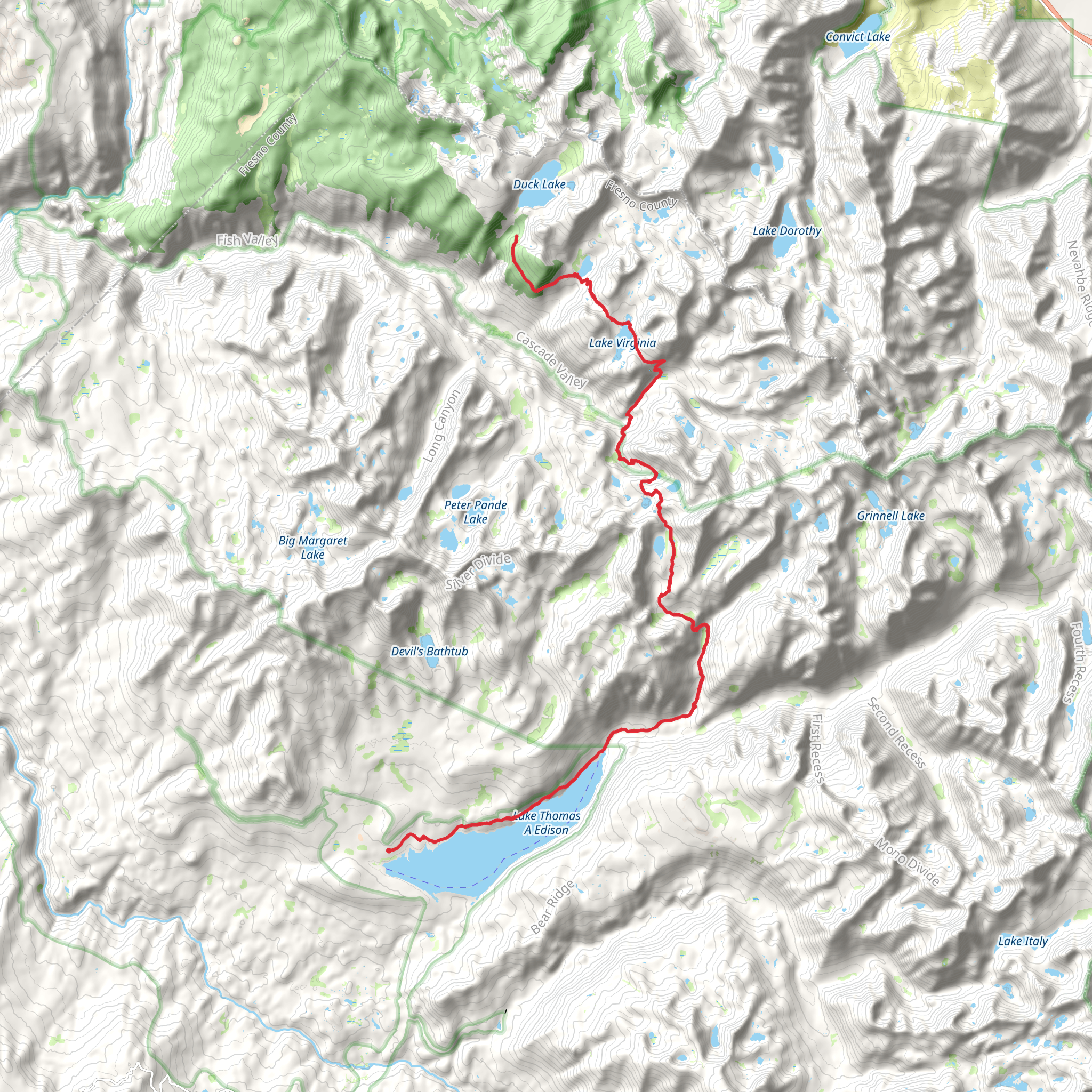 Purple Lake and Lake Virginia via High Sierra Pack Station Trail mobile static map