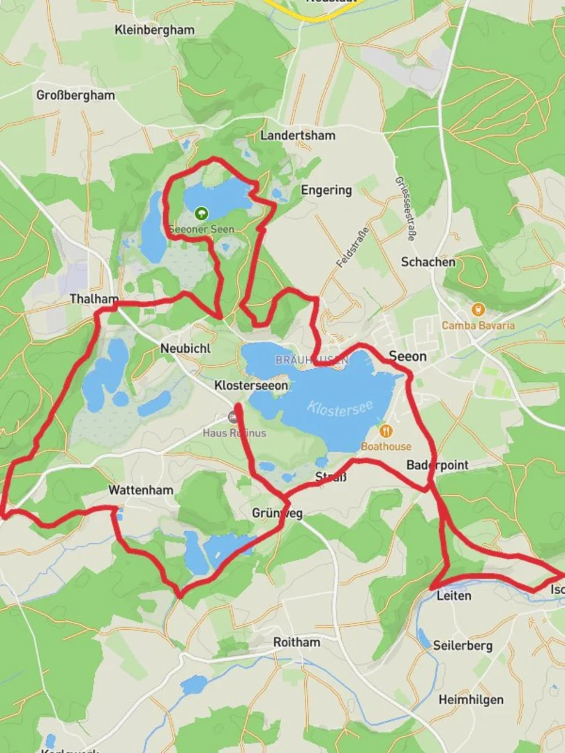 An image depicting the trail Bansee, Seeleiten See and Klostersee Loop and its surrounding area.