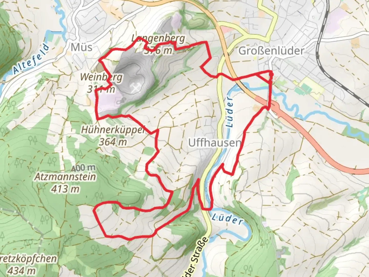 An image depicting the trail Lüdertal Wanderweg and its surrounding area.