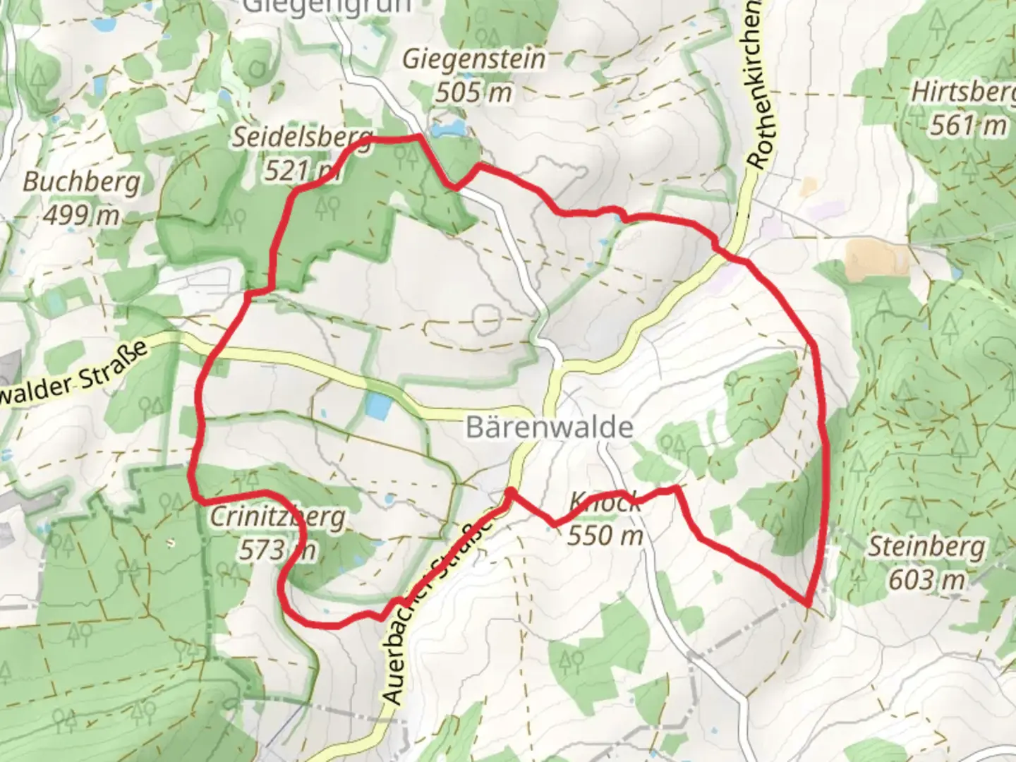 An image depicting the trail Bärenwalder Rundweg Loop and its surrounding area.