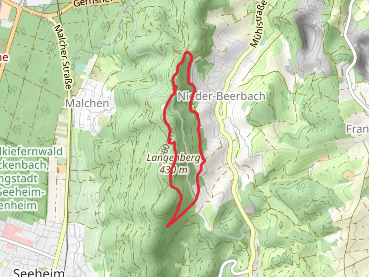 An image depicting the trail Langenberg, Dendrophon and Waldquiz via Alemannenweg and its surrounding area.