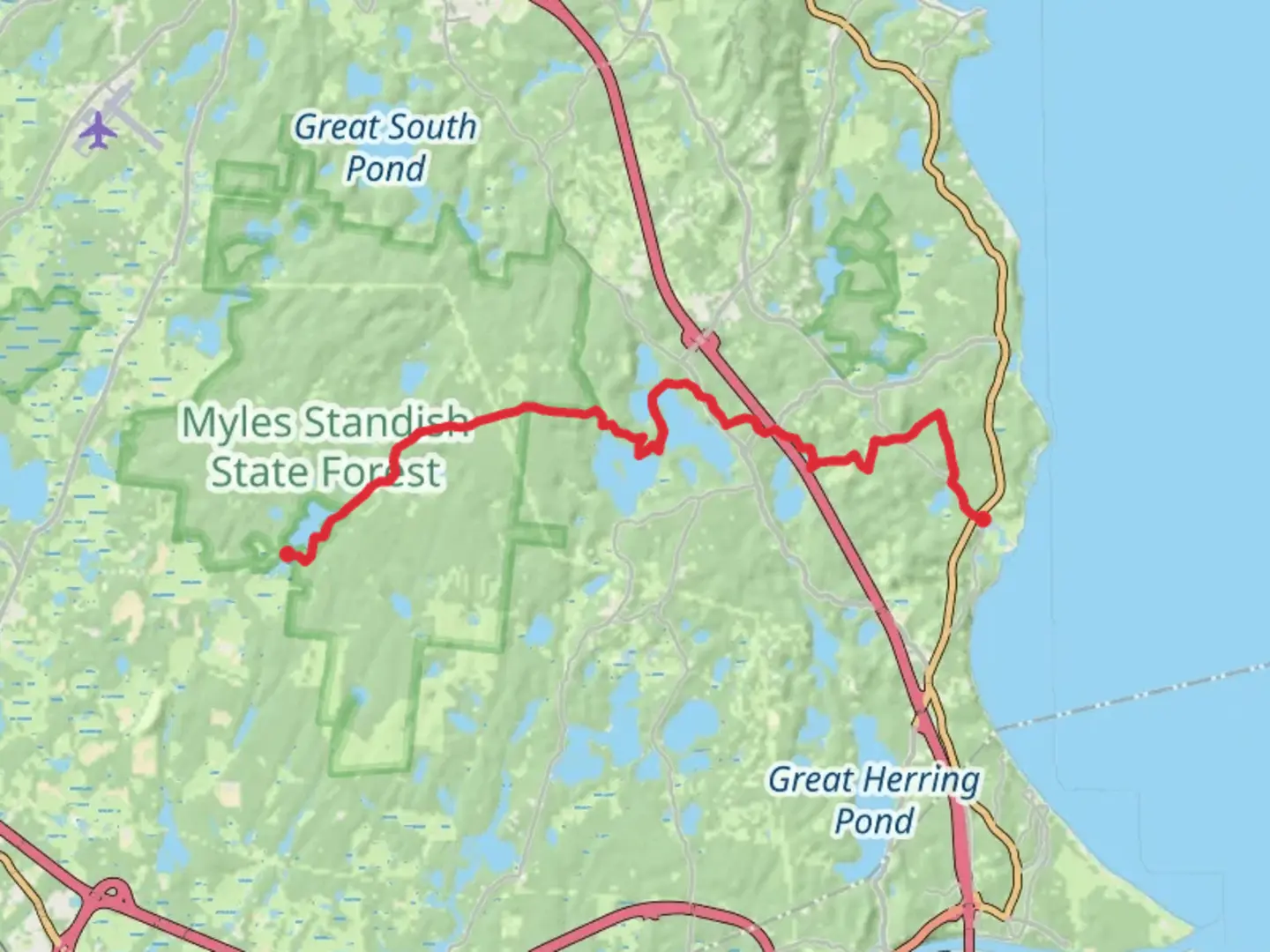 An image depicting the trail East Head Pond to Savery Pond via The Atlantic Way and its surrounding area.
