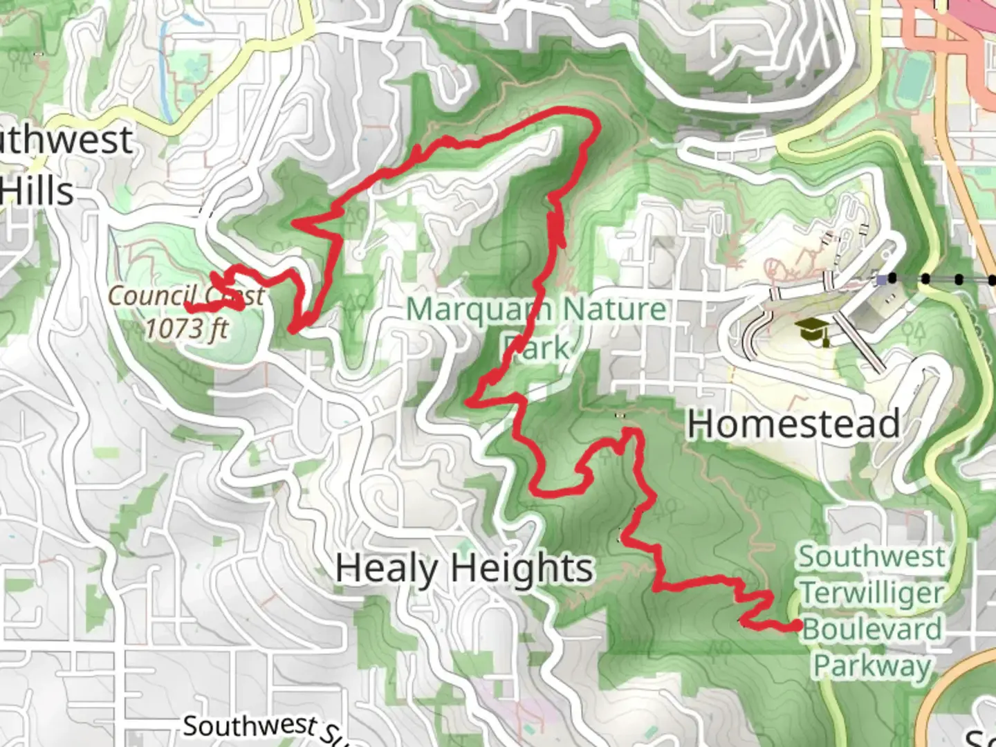 An image depicting the trail Council Crest via Marquam Trail and its surrounding area.