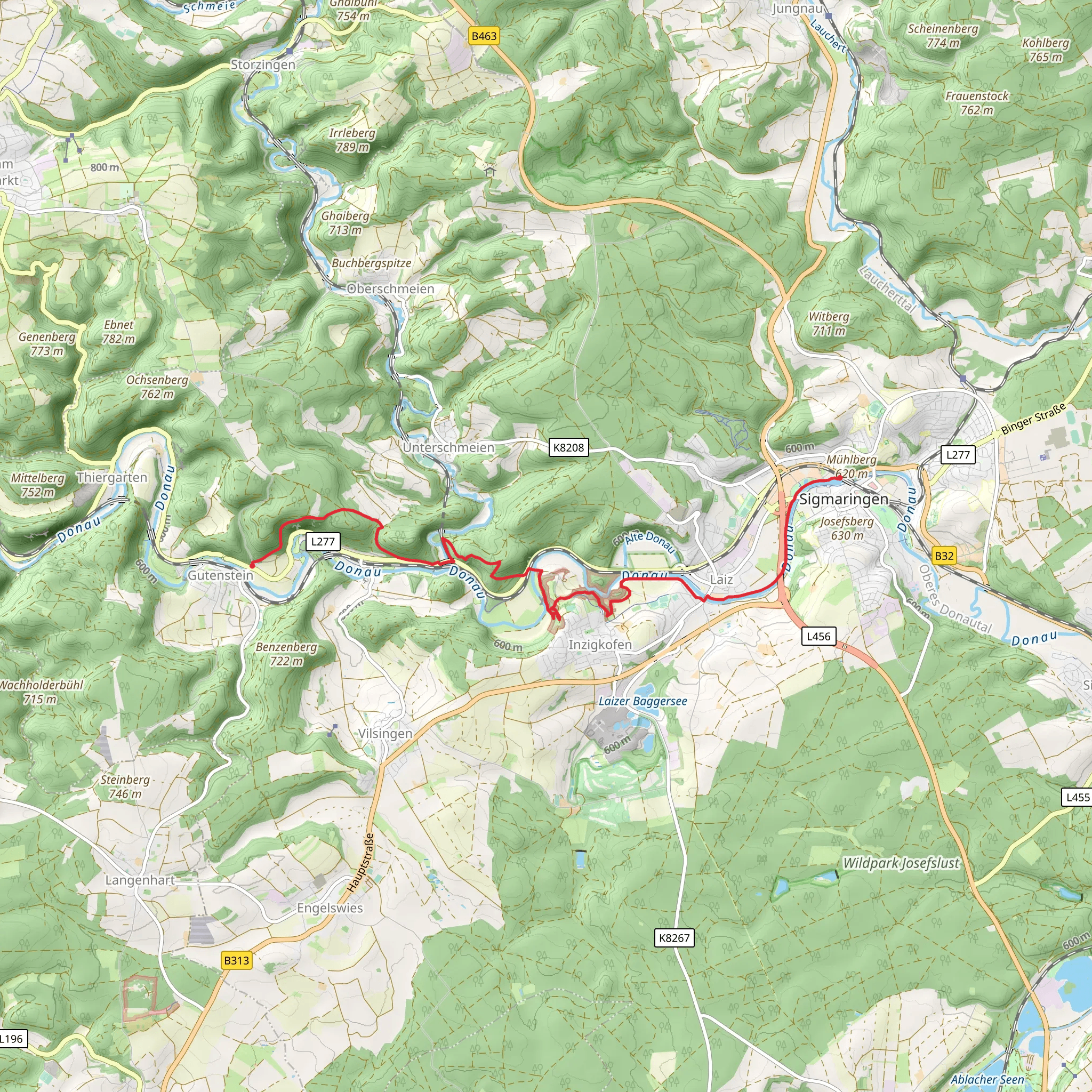 Gutenstein to Sigmaringen Walk via River Donau mobile static map