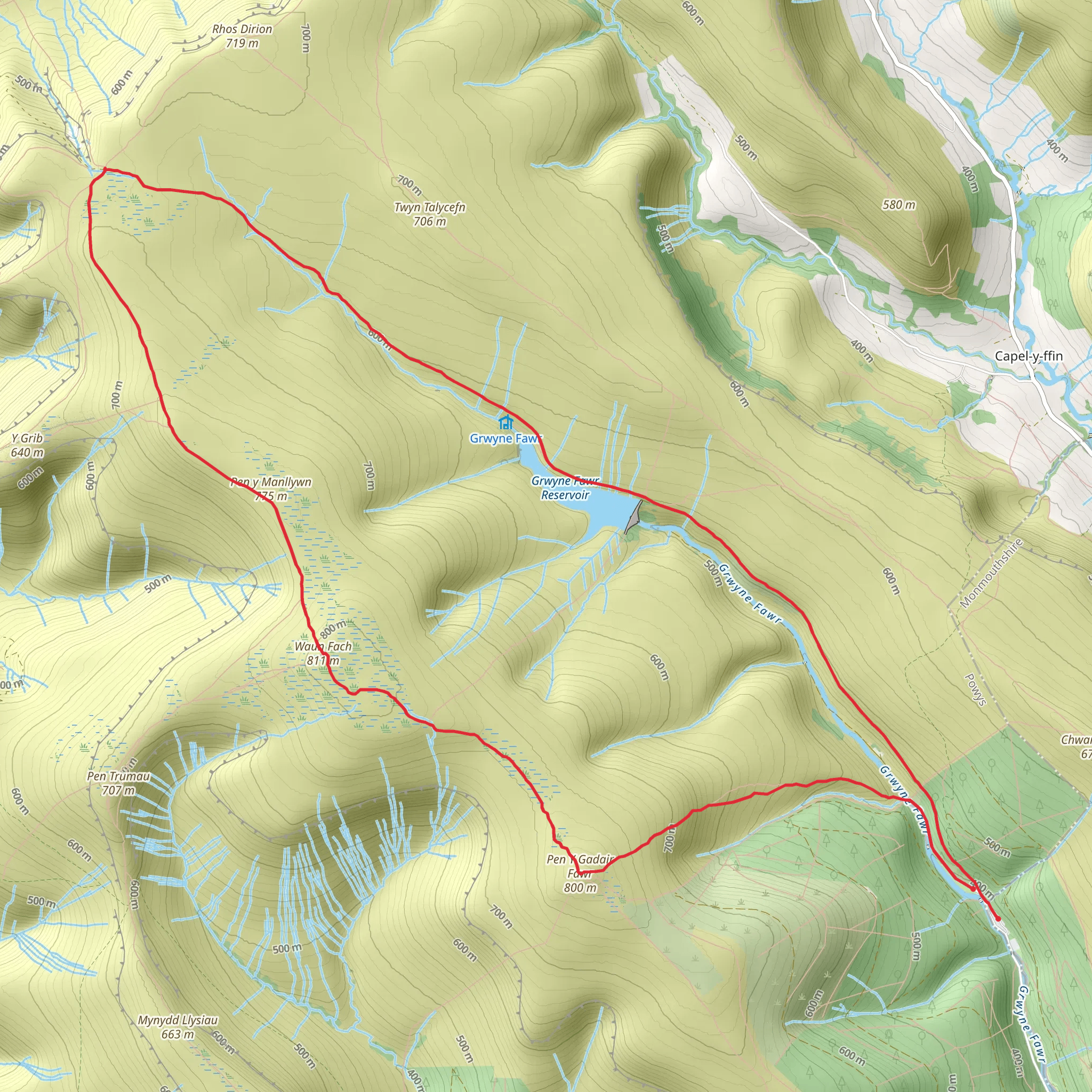 Forest Coal Pit, Grwyne Fawr Reservoir, Waun Fach and Pen Y Gadair Fawr mobile static map