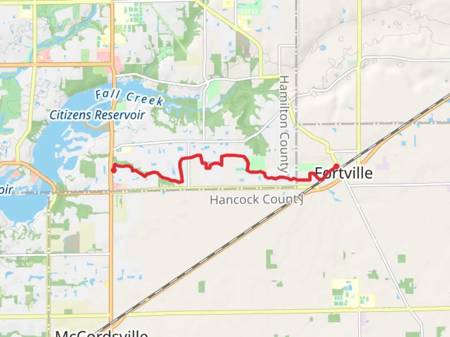 An image depicting the trail Flat Fork Creek Park and Fortville Memorial Park Walk and its surrounding area.