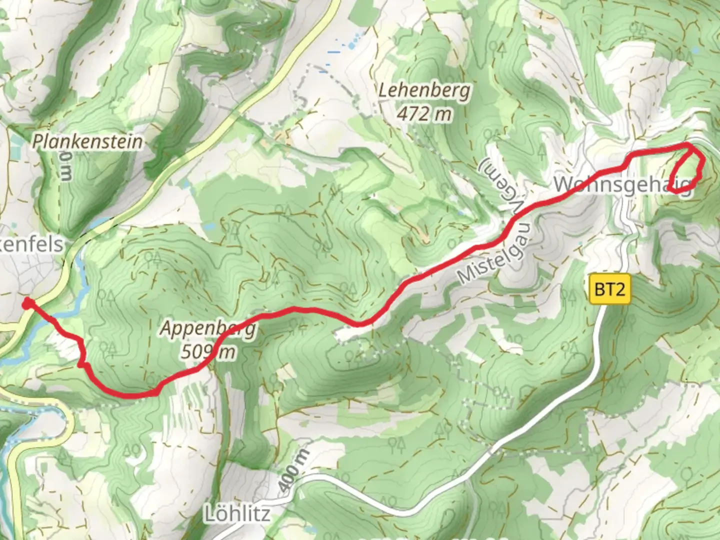 An image depicting the trail Neuburg via Waischenfeld Wohnsgehaig and its surrounding area.