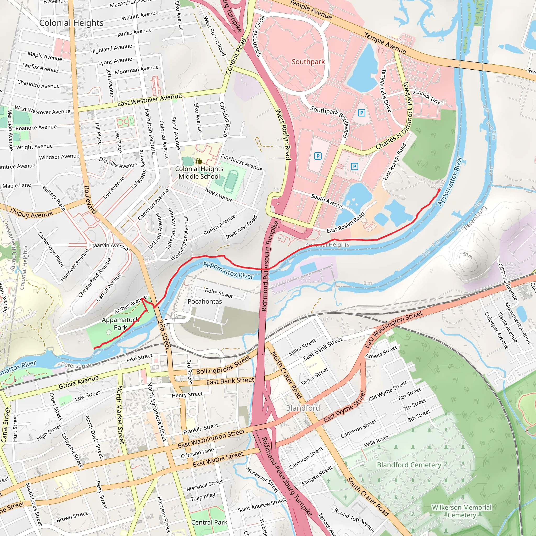 Appomattox River Walk Out and Back mobile static map