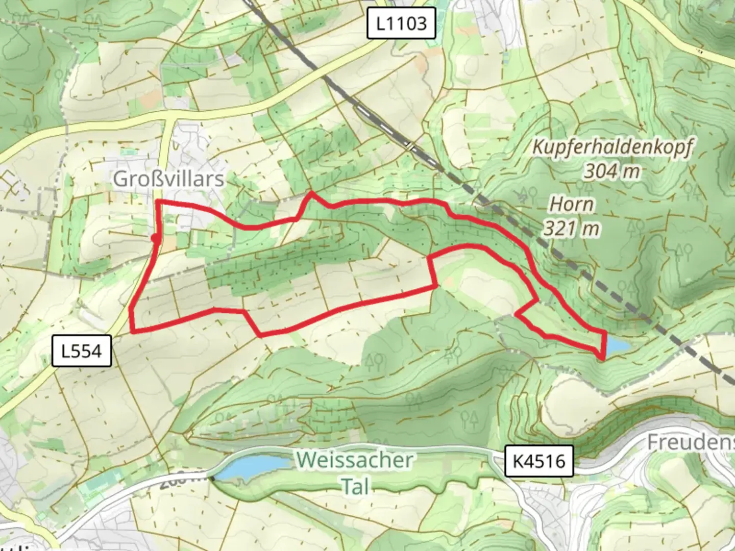 An image depicting the trail Bernhardsweiher via Blaues Kreuz and Bernhardsbach and its surrounding area.
