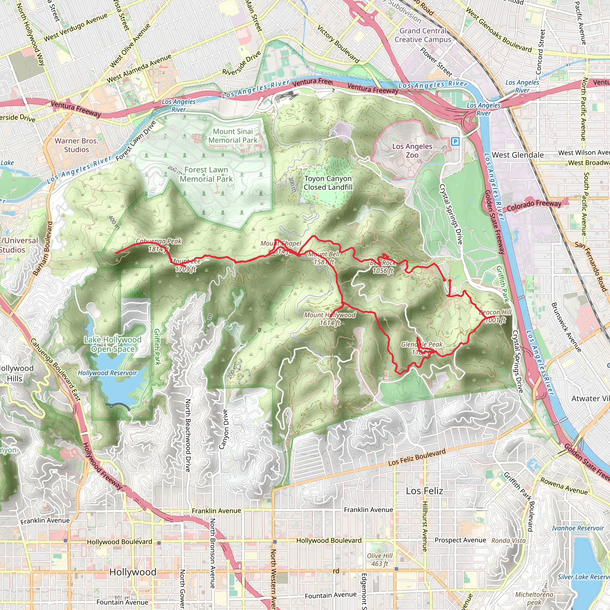 Glendale Peak, Mount Hollywood, Burbank Peak and Bee Rock Loop mobile static map